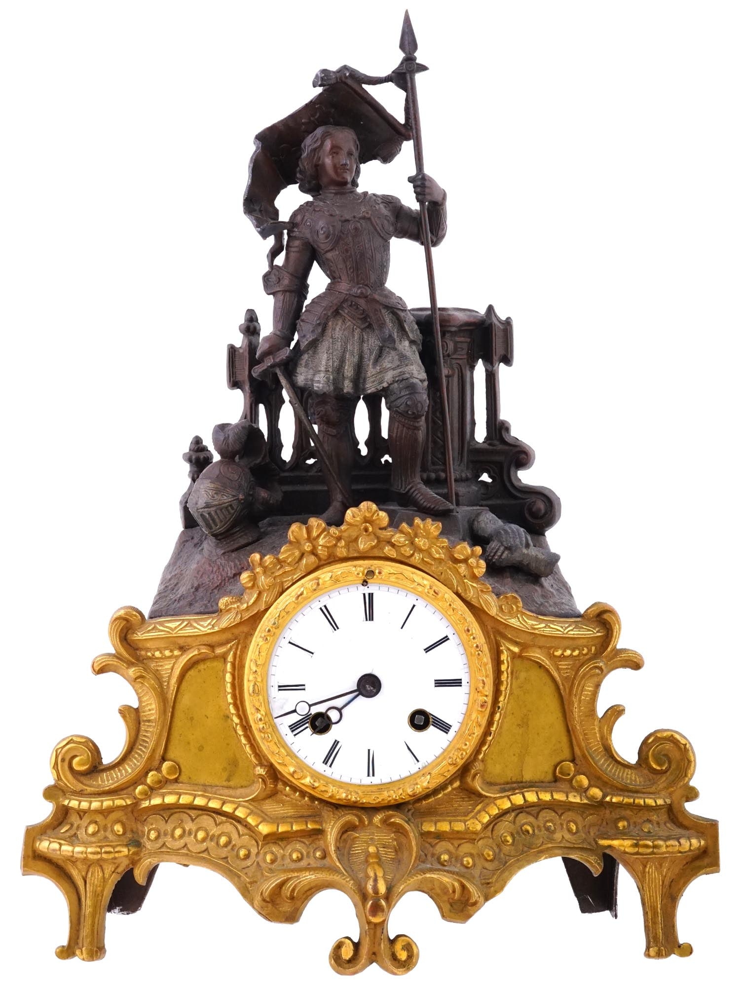 ANTIQUE FRENCH GILT BRONZE JOAN OF ARC MANTEL CLOCK (1 of 13)