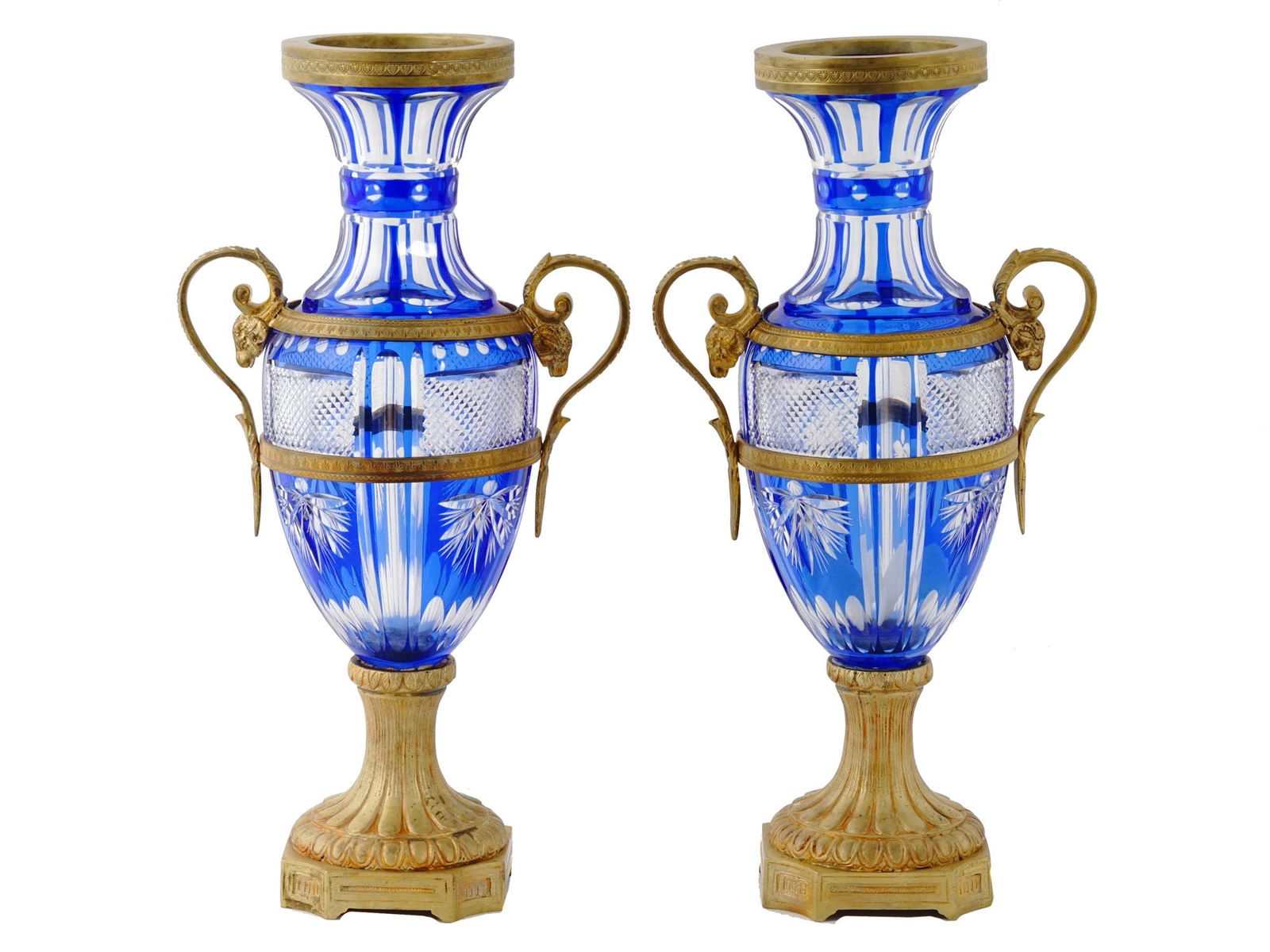 ANTIQUE RUSSIAN GILT BRONZE COBALT CRYSTAL VASES (1 of 3)
