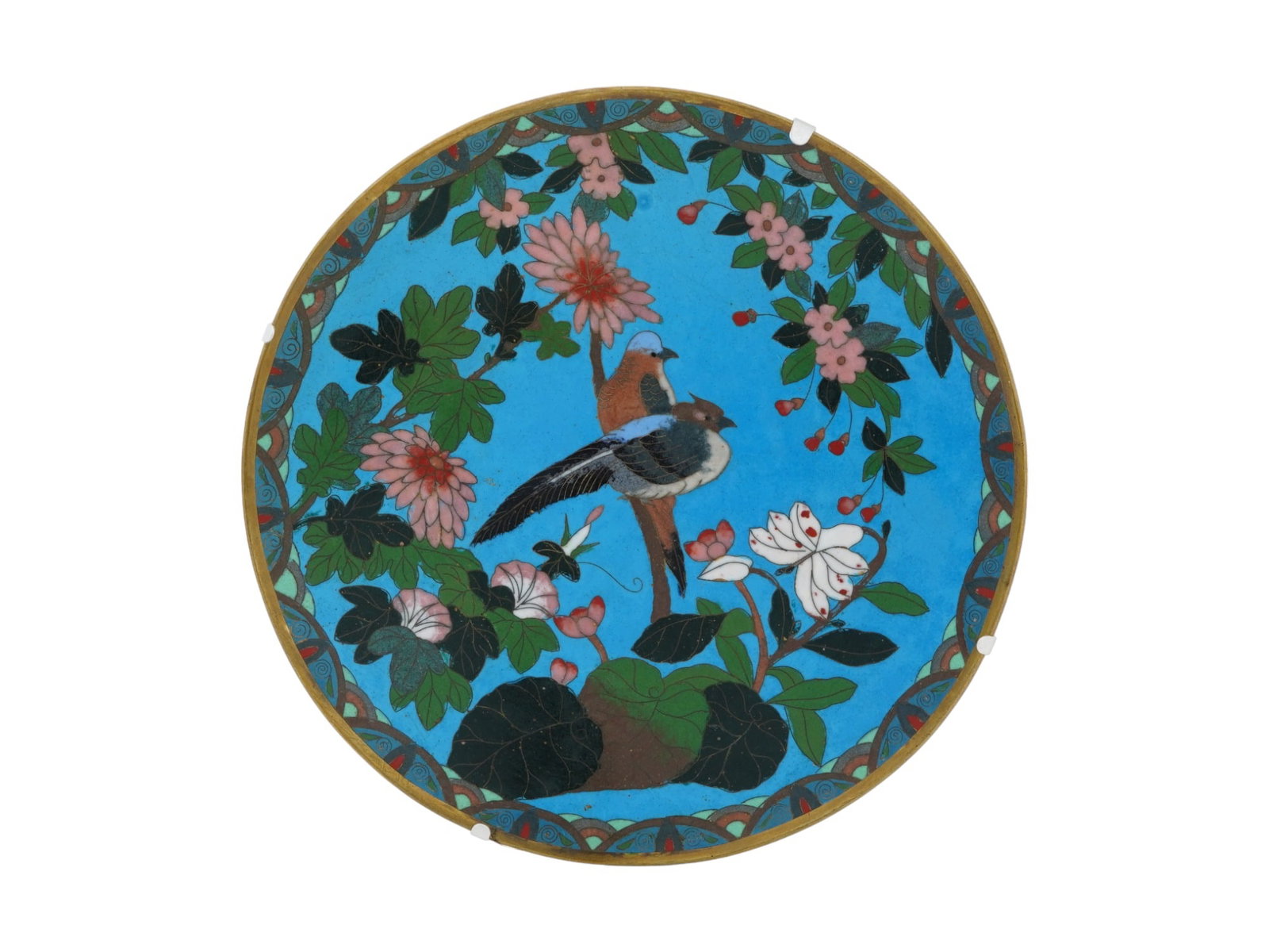 ANTIQUE JAPANESE MEIJI ERA CLOISONNE ENAMEL PLATE: An antique Japanese Meiji era enamel over brass plate. The exterior of the plate is adorned with a polychrome image of birds in blossoming flowers, and plants on a turquoise ground made in the Cloison