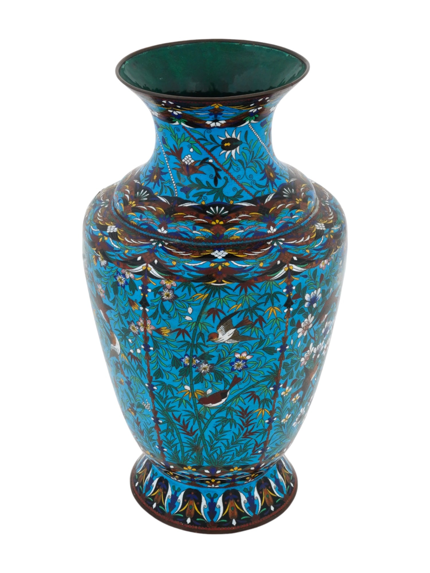 ANTIQUE JAPANESE MEIJI PERIOD CLOISONNE VASE: An antique Japanese Meiji period cloisonne vase with floral and foliage motifs and birds on a blue ground featuring a beautiful and collectible piece of Japanese artistry. The inclusion of floral and 