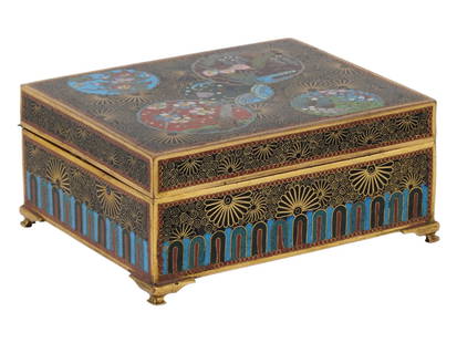 ANTIQUE JAPANESE MEIJI CLOISONNE ENAMEL TRINKET BOX: An antique Japanese gilt copper trinket box with cloisonne enamel design. Late Meiji era, before 1912. Footed rectangular piece. Black ground color, polychrome floral ornaments. Collectible Oriental