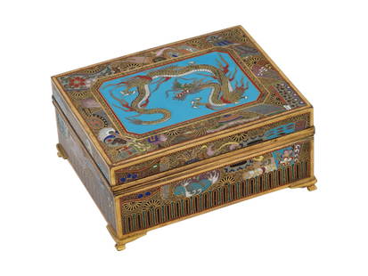 ANTIQUE JAPANESE MEIJI CLOISONNE ENAMEL TRINKET BOX: An antique Japanese copper trinket box with cloisonne enamel design. Late Meiji era, before 1912. Footed rectangular piece. Black and red ground colors, polychrome floral ornaments. The lid is garnish