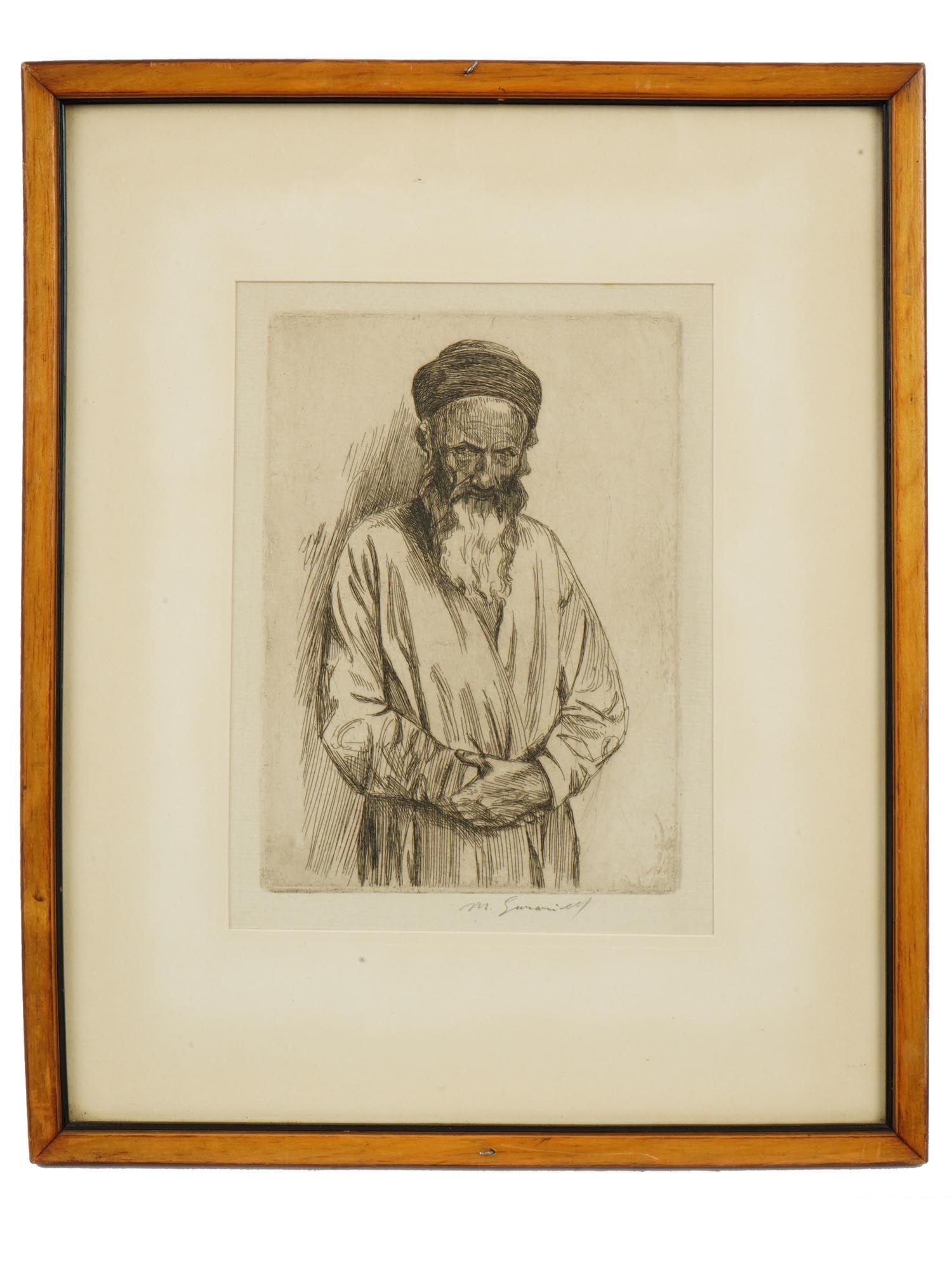 ANTIQUE SIGNED JUDAICA ELDERLY MAN ETCHING PRINT (1 of 4)