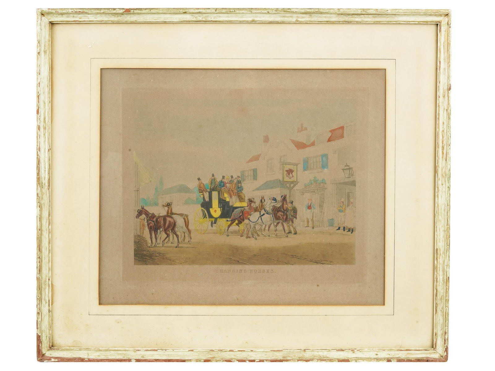 ANTIQUE COLORED ETCHING COACH SCENE BY JAMES POLLARD (1 of 5)