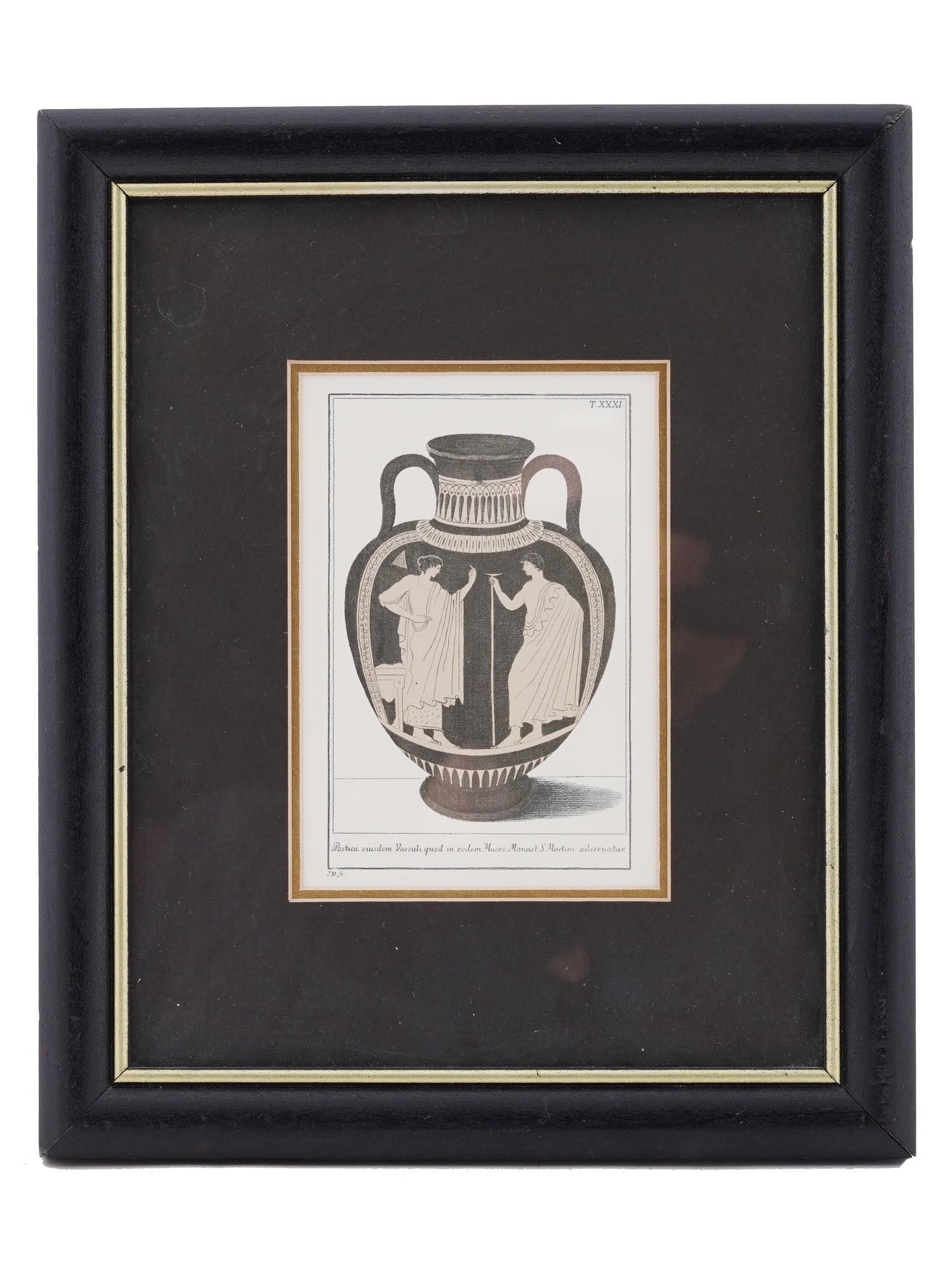 ANTIQUE 1767 ITALIAN ETCHING OF ATTIC AMPHORA FRAMED: An antique etching showing an Attic amphora attributed to the Pig painter, an Athenian red figure vase painter whose name is unknown. Depicts a bearded man and hetaira. The man stands on the left, wea