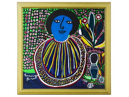 LOUSIANE SAINT FLEURANT HAITIAN FOLK OIL PAINTING: Louisiane Saint Fleurant, Haitian, 1924 to 2005, an oil on canvas folk art painting depicting a female figure on an abstract colorful background, 1990. Signed by the artist lower left and dated lower