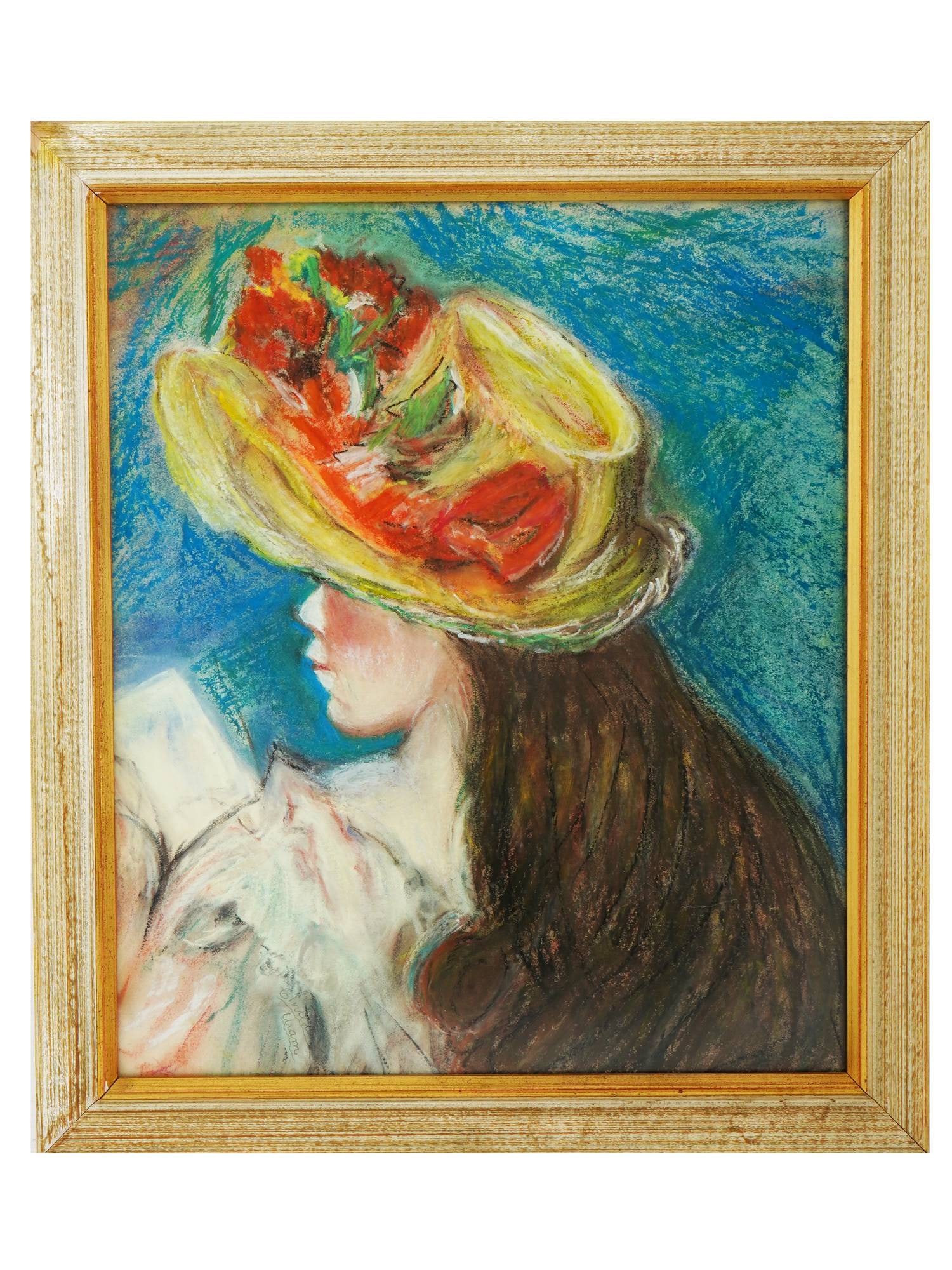 OIL PASTEL PAINTING AFTER RENOIR SIGNED BY ARTIST: A vintage oil pastel painting on cardboard depicting a portrait of a reading girl in a hat after the original painting, Girls Reading c. 1891, by Pierre Auguste Renoir, 1841 to 1919, a French artist w