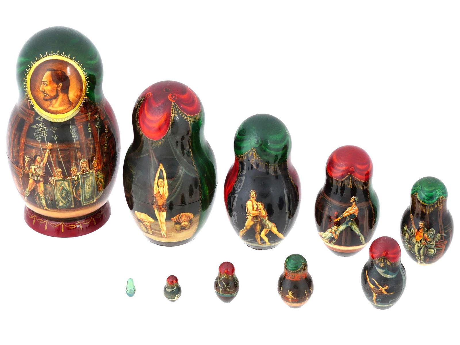 BALLET SPARTAK RUSSIAN NESTING DOLLS BY MANICHKIN: This set of 10, one inside the other, Russian ballet matryoshka nesting dolls made of wood, lacquered and hand painted with scenes from the famous Russian ballet Spartak. The patterns and designs of e
