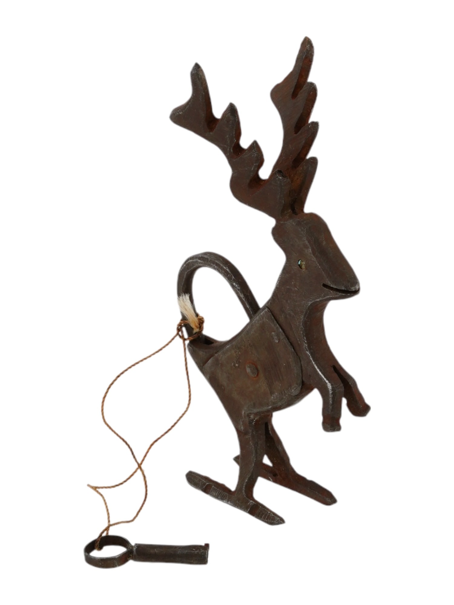 VINTAGE BRONZE LOCK IN SHAPE OF DEER WITH KEY: A vintage bronze lock in the shape of a deer with a key. The lock is stable in a vertical position. The lock shackle is located on the deers back, and the keyhole is on the side. Has a simple locking 
