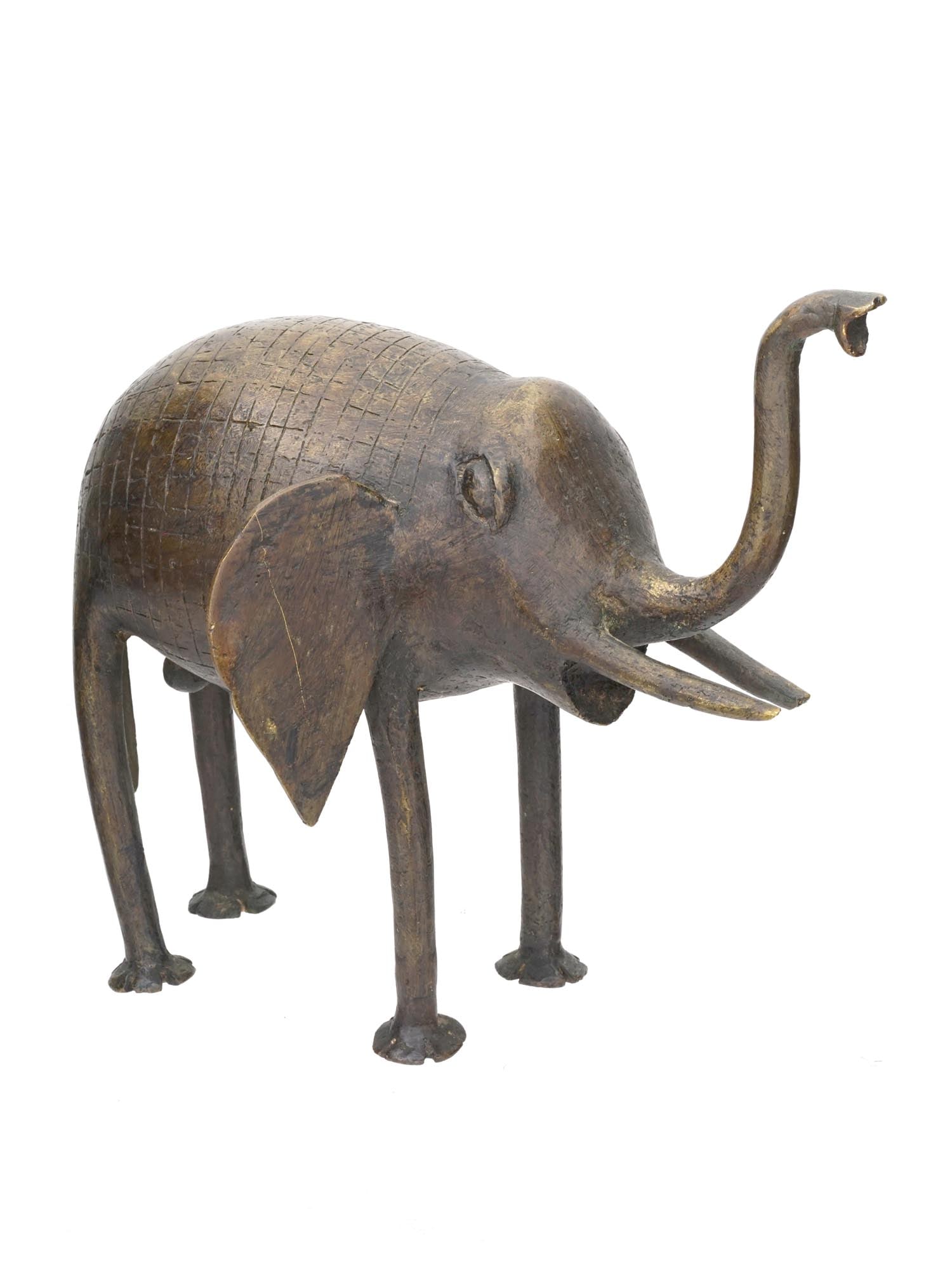 VINTAGE PRIMITIVE BRONZE SCULPTURE OF AN ELEPHANT: A vintage bronze figurine of an elephant. Primitive art style, etched details, accentuated genitals. Collectible Decor And Sculpture, Animalia. Dimensions: H 8 1/4 in. All measurements are approximate