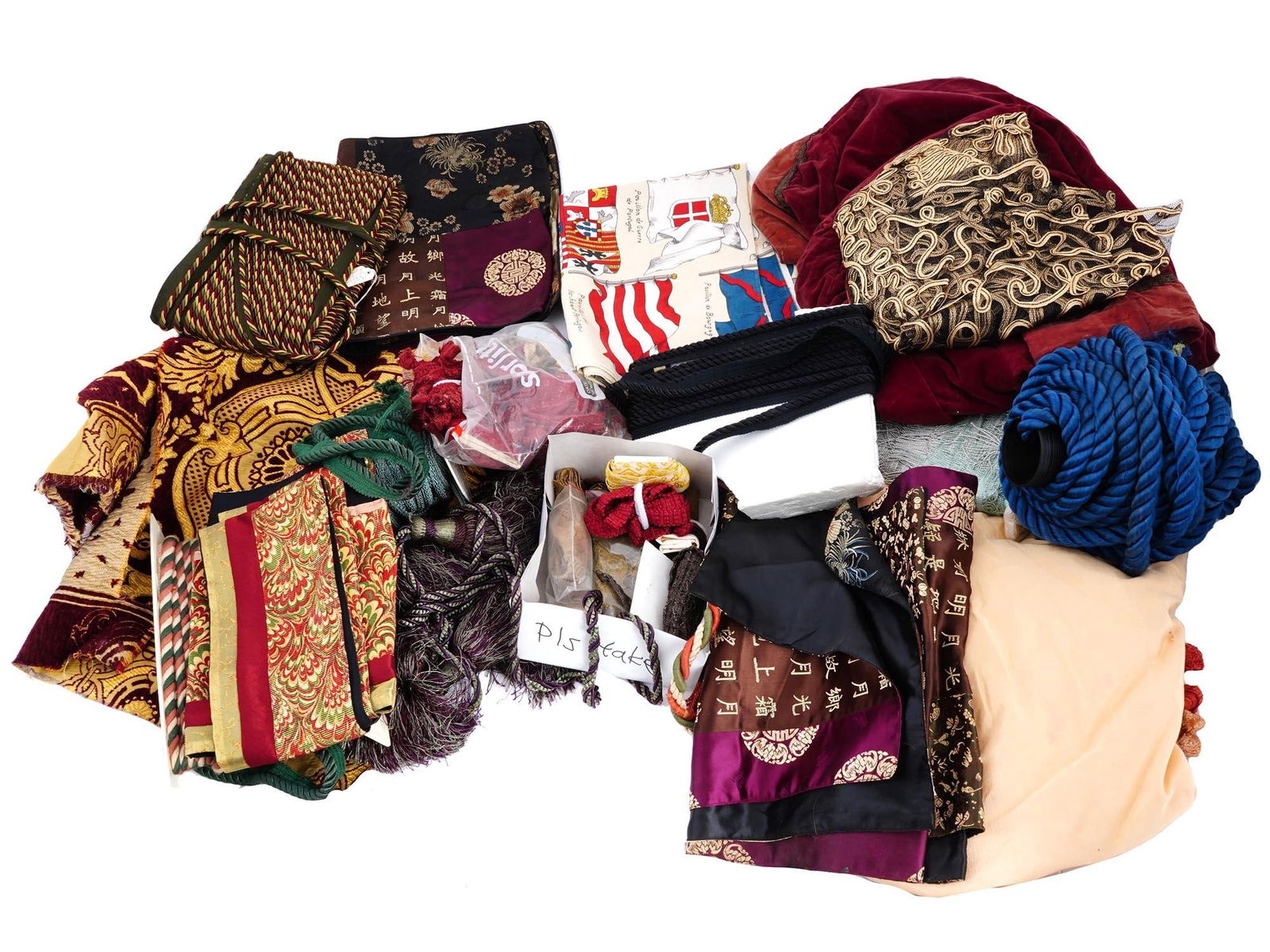 COLLECTION OF CHINESE SILK TEXTILE PIECES AND MORE: A large collection of various textile pieces, including a Shanghai Royal Chinese pattern table runner, a vintage 3 color wine red, green, gold twisted rope trim and coral, beige and green twisted rope