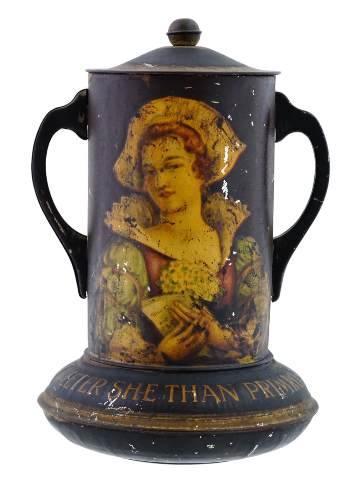 ANTIQUE ENGLISH TEA POETRY COOP SOCIETY BISCUIT TIN: An antique English Tea Poetry Cooperative Society double handled decorative biscuit tin. The ware is adorned with hand enameled portraits of a lady with flowers and a man with a book. Inscribed, He To