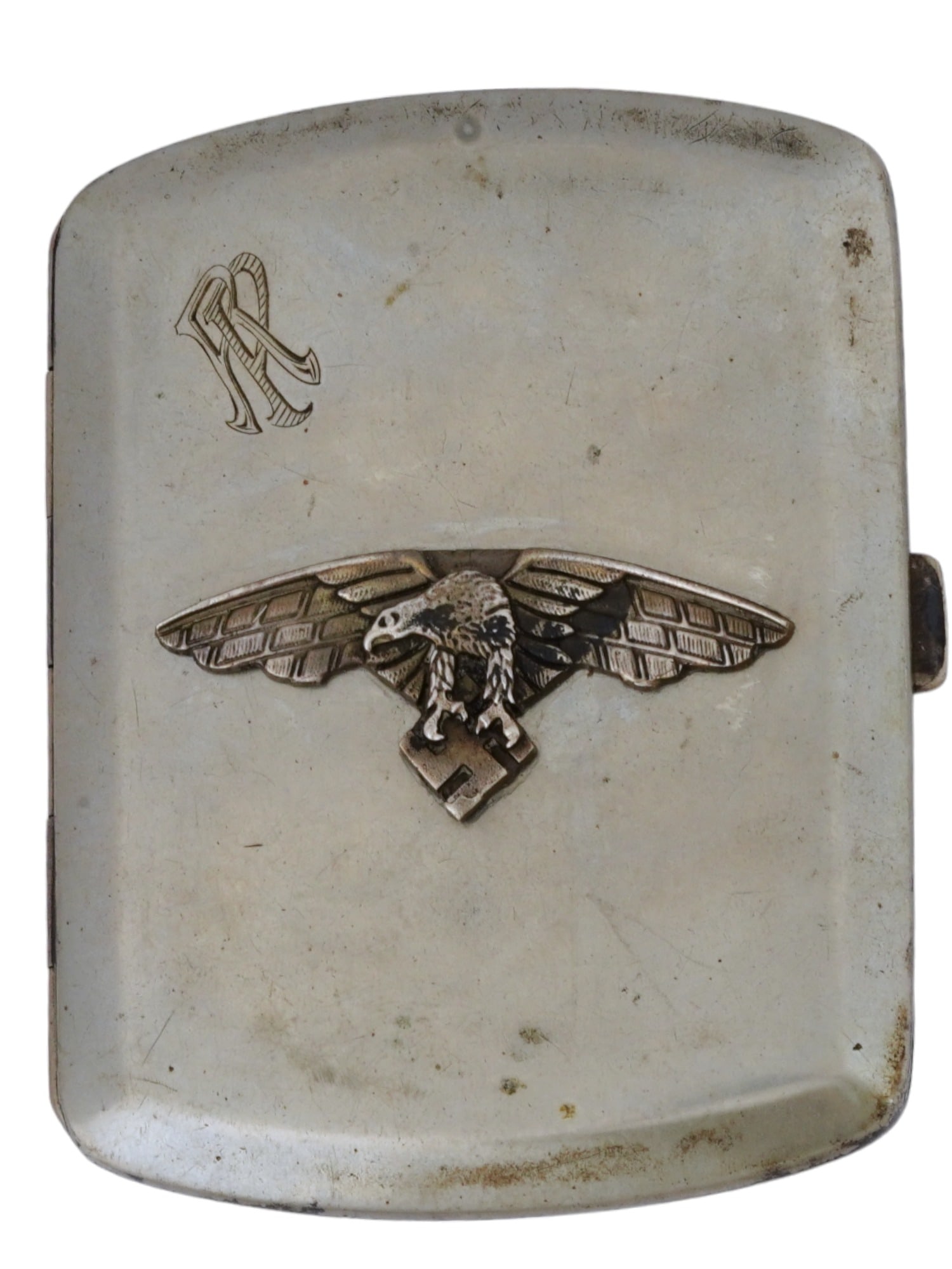 GERMAN WWII LUFTWAFFE PILOTS CIGARETTE CASE: A World War II Nazi German steel cigarette case with hinged lid. Polished surface with engraved monogram RP. Reichsadler with swastika overlay on the front. The case has two straps inside. Marked Alpa