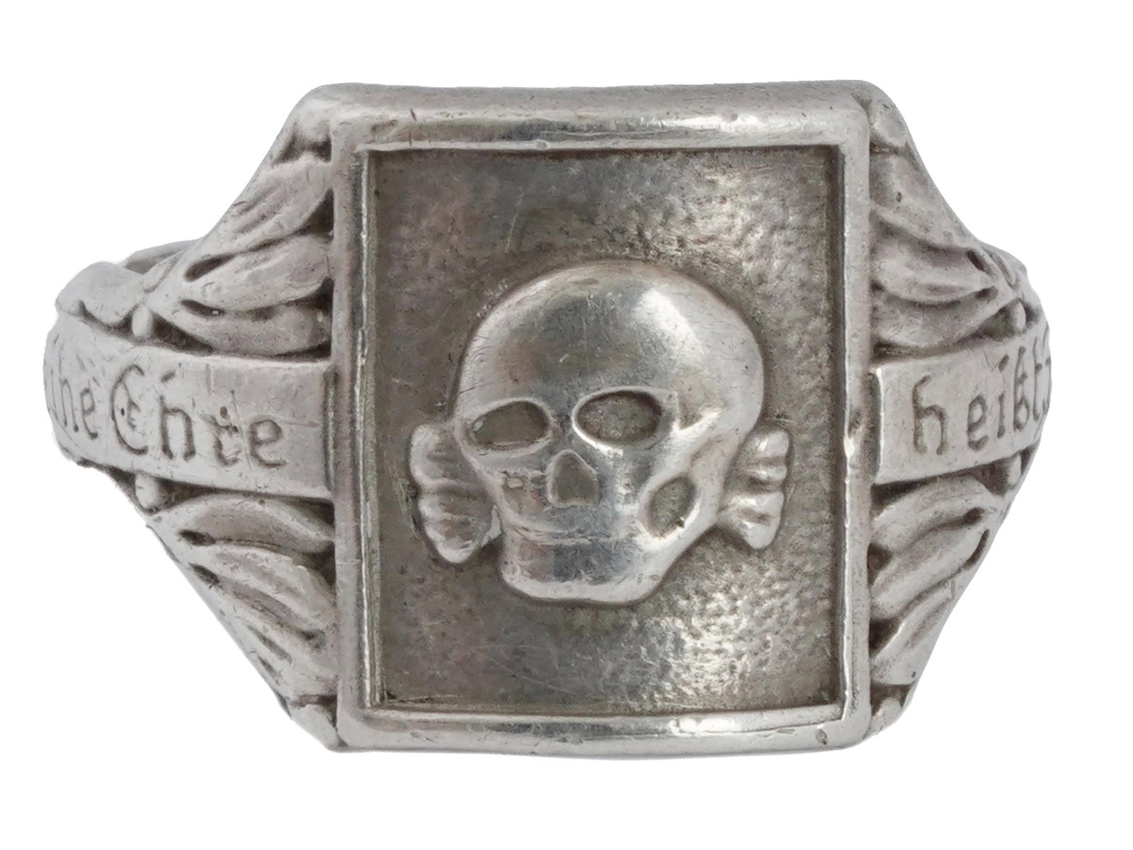 GERMAN WWII WAFFEN SS TOTENKOPF SILVER RING: A WWII Nazi German Third Reich Waffen SS Totenkopf Silver ring. The inside of the ring has the SS symbol on one side and the D.R.G.M. mark 800 silver. The exterior of the ring is engraved with text in