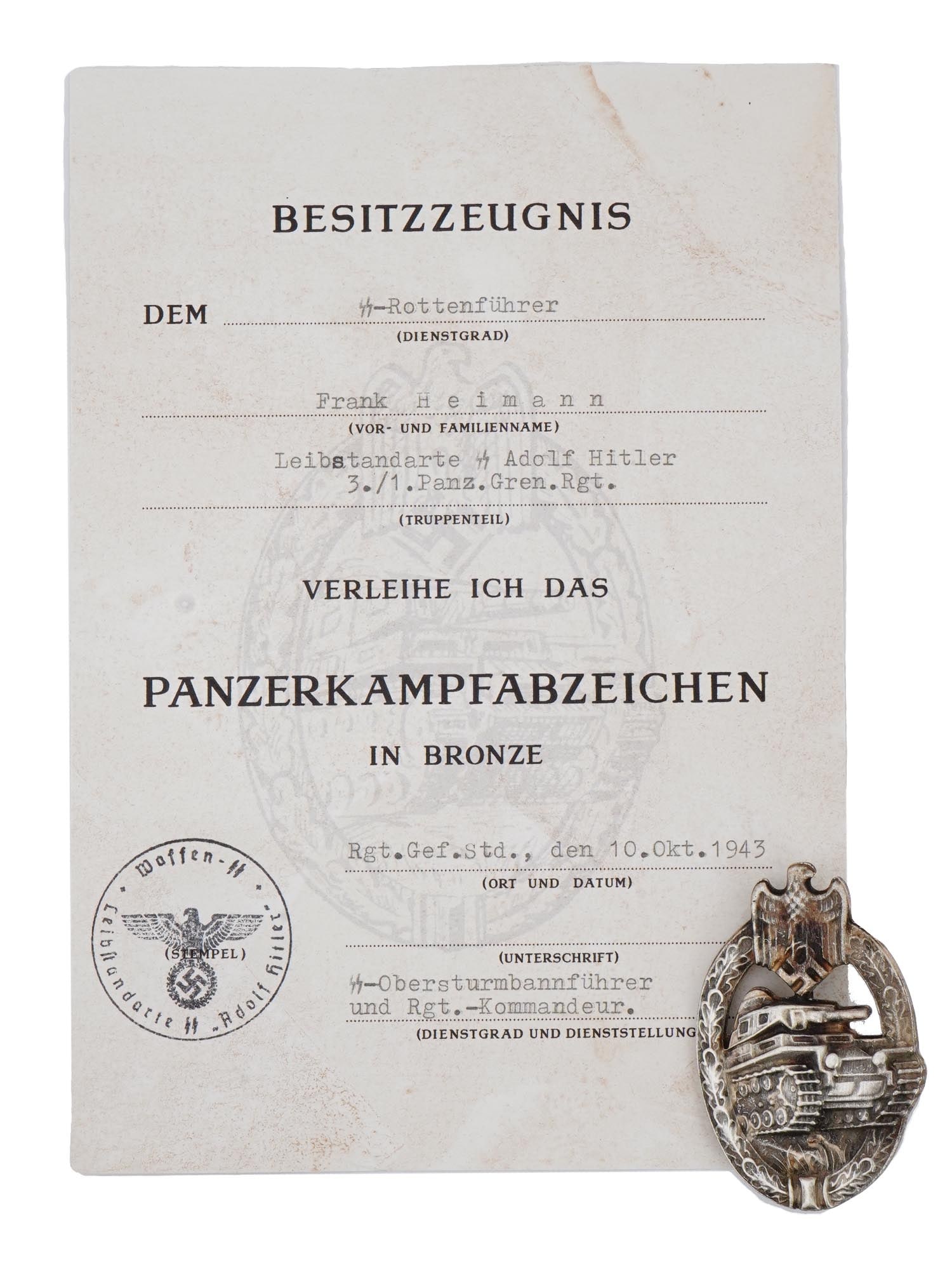 GERMAN WWII ARMY TANK ASSAULT BADGE WITH CERTIFICATE (1 of 6)
