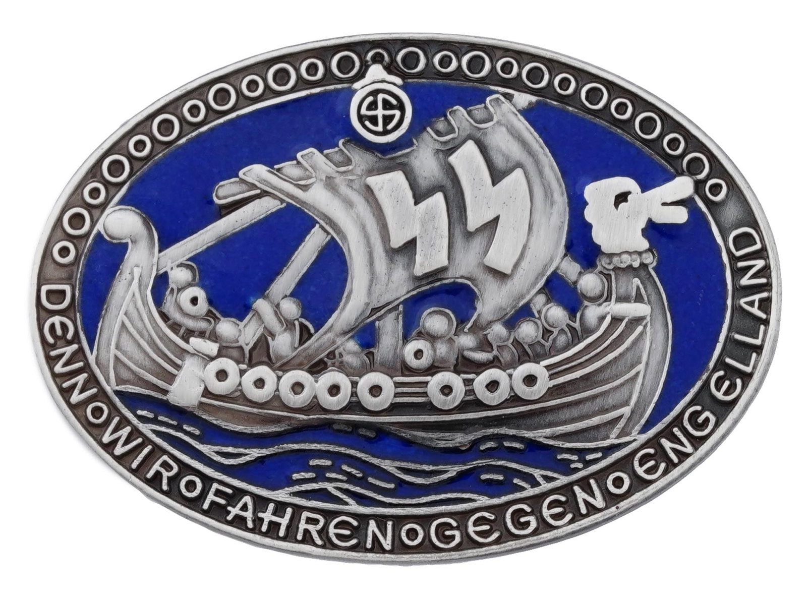 GERMAN WWII WAFFEN SS DIVISION WIKING BADGE: A WWII Nazi German Third Reich Waffen SS Division Wiking enamel badge. The badge depicts a Viking ship with large SS runes on its sail over the legend in German Then We Sail against England. Marked wi