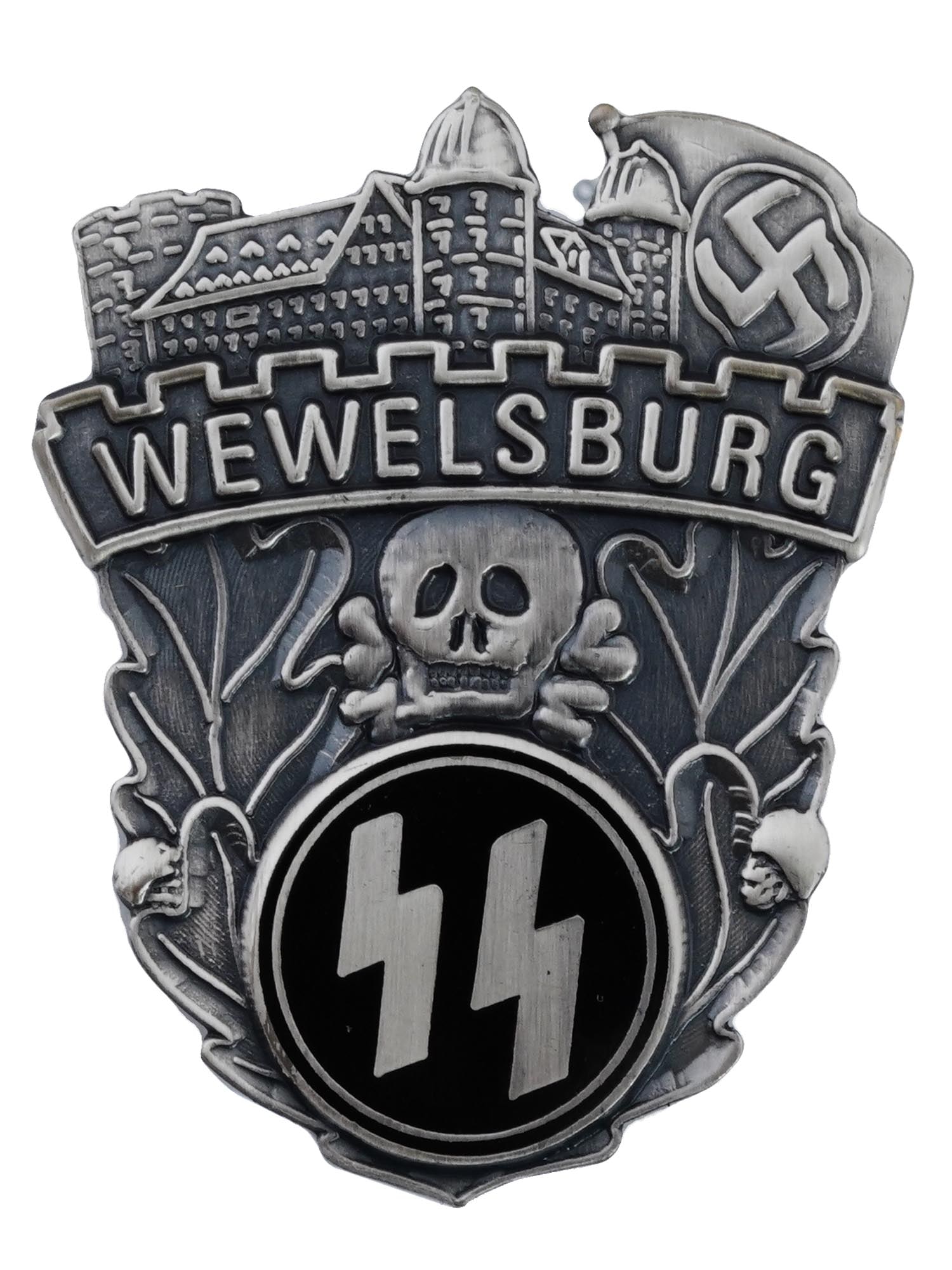 GERMAN WWII WEWELSBURG SS ACADEMY BADGE: A Nazi German Third Reich Wewelsburg SS Academy badge. The badge is adorned with engraved images of a castle and a swastika on the top, inscription Wewelsburg, oak leaves, a skull with bones Totenkopf