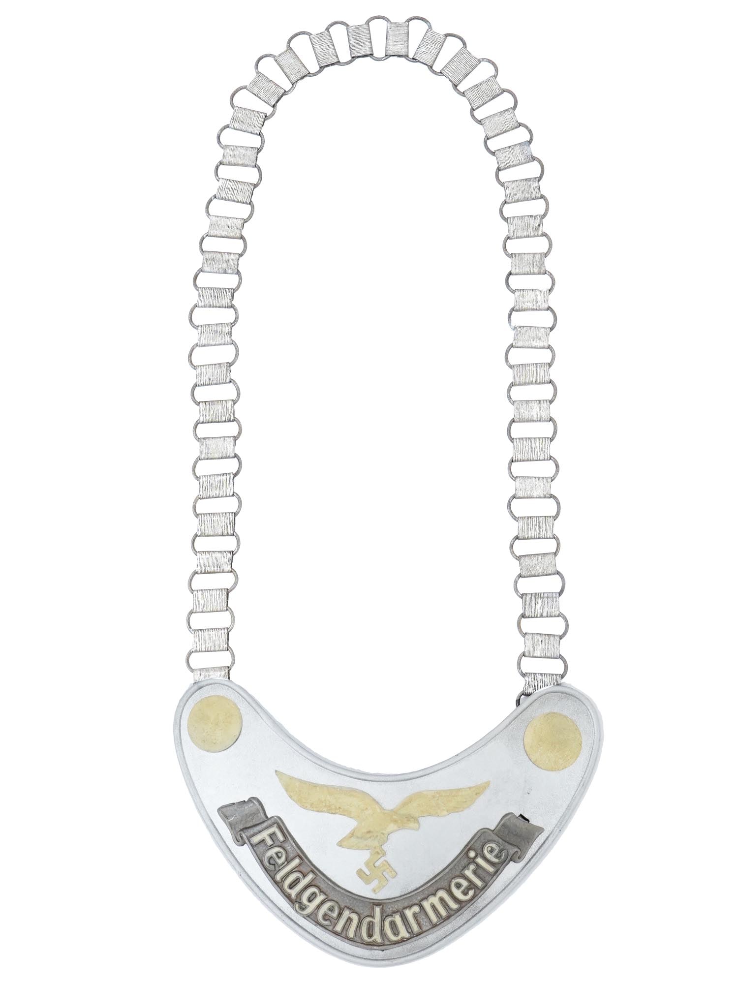 GERMAN WWII LUFTWAFFE FIELD ZHANDARM GORGET W CHAIN: A WWII Nazi German Luftwaffe Military Field Police Feldgendarmerie gorget. The gorget is made of die stamped steel construction aluminum coated. The Luftwaffe eagle with a swastika and buttons are pai