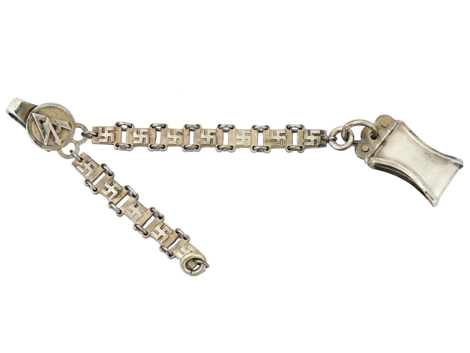 WWII NAZI GERMAN HANGER FOR THE SA DAGGER: A WWII Nazi German Third Reich SA dagger hanger. The hanger is made in a link design. Each link is engraved with a Swastika insignia. An engraved SA insignia on the top hanger clip. Marked, RZM. Secon
