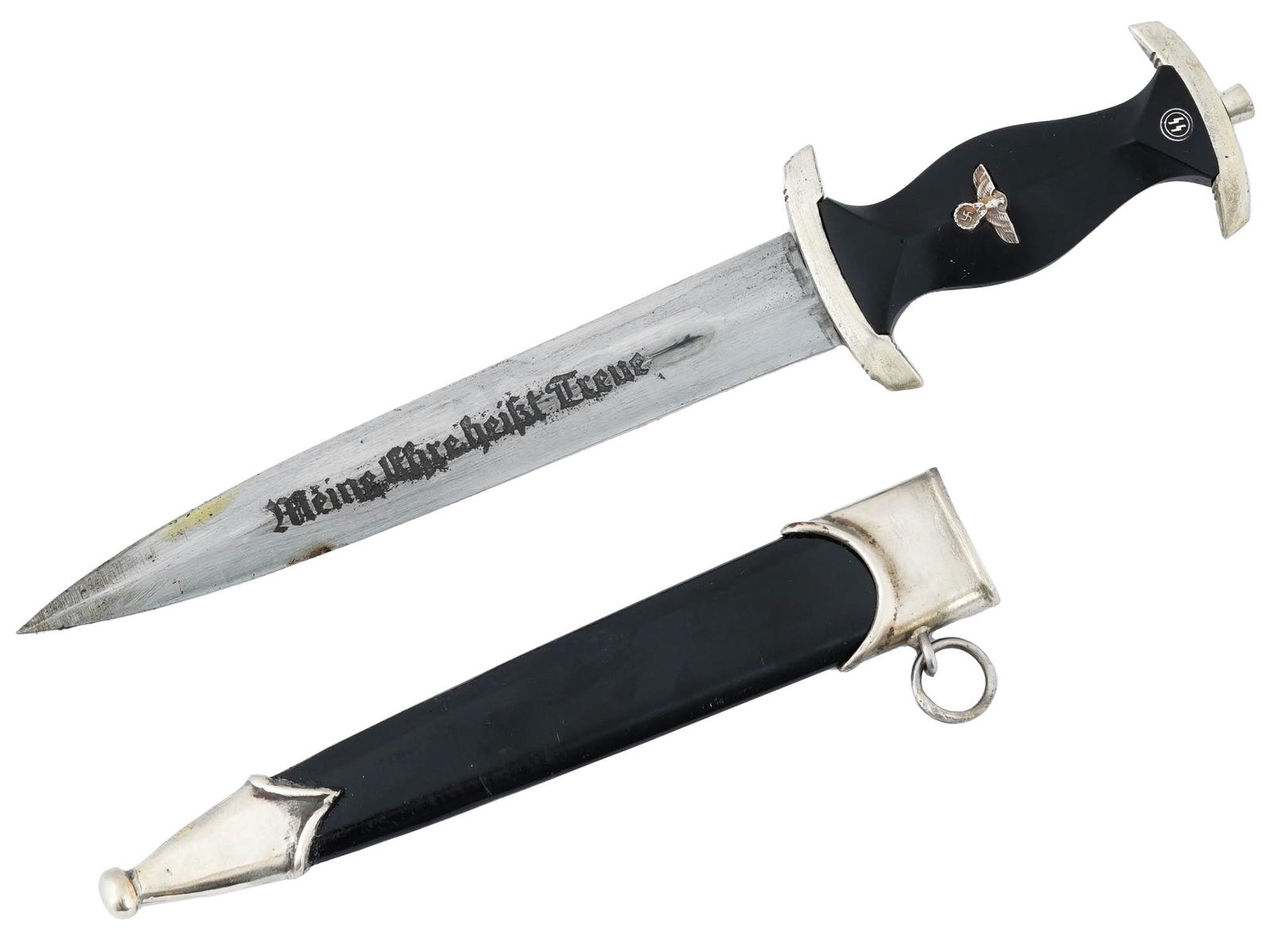 WWII NAZI GERMAN WAFFEN SS MINIATURE DAGGER: A rare WWII Nazi German Waffen SS miniature dagger featuring a steel blade with the engraving in German reads My Honor Is Loyalty. The obverse of a wooden handle bears a Nazi party emblem depicting an