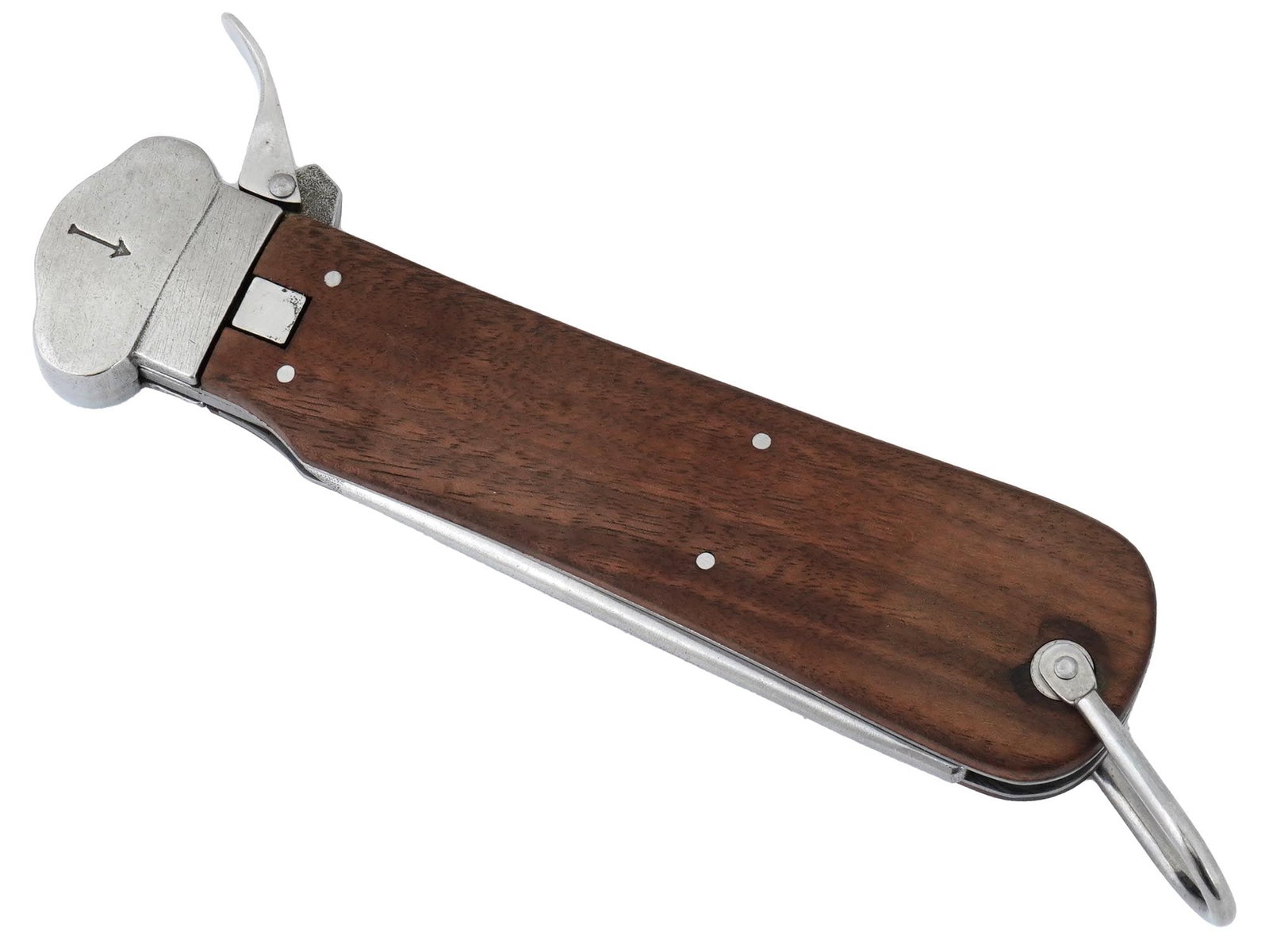 WWII GERMAN LUFTWAFFE PARATROOPER GRAVITY KNIFE: A WWII German Luftwaffe paratrooper gravity knife. A steel blade construction with a riveted wood handle. Marked, R B NR 0 0561 0019, on the ricasso. The Fallschirmjager were the paratrooper branch of