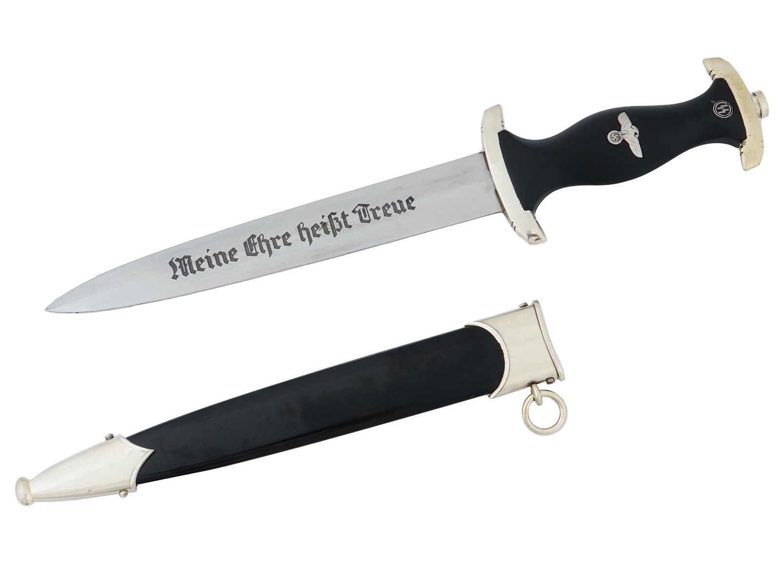 WWII NAZI GERMAN SS DAGGER BY BOKER SOLINGEN: A WWII Nazi German Waffen SS dagger featuring a silver plated nickel blade with the engraving in German which reads My Honor Is Loyalty. The ricasso holds the Boker, Solingen makers mark within the co