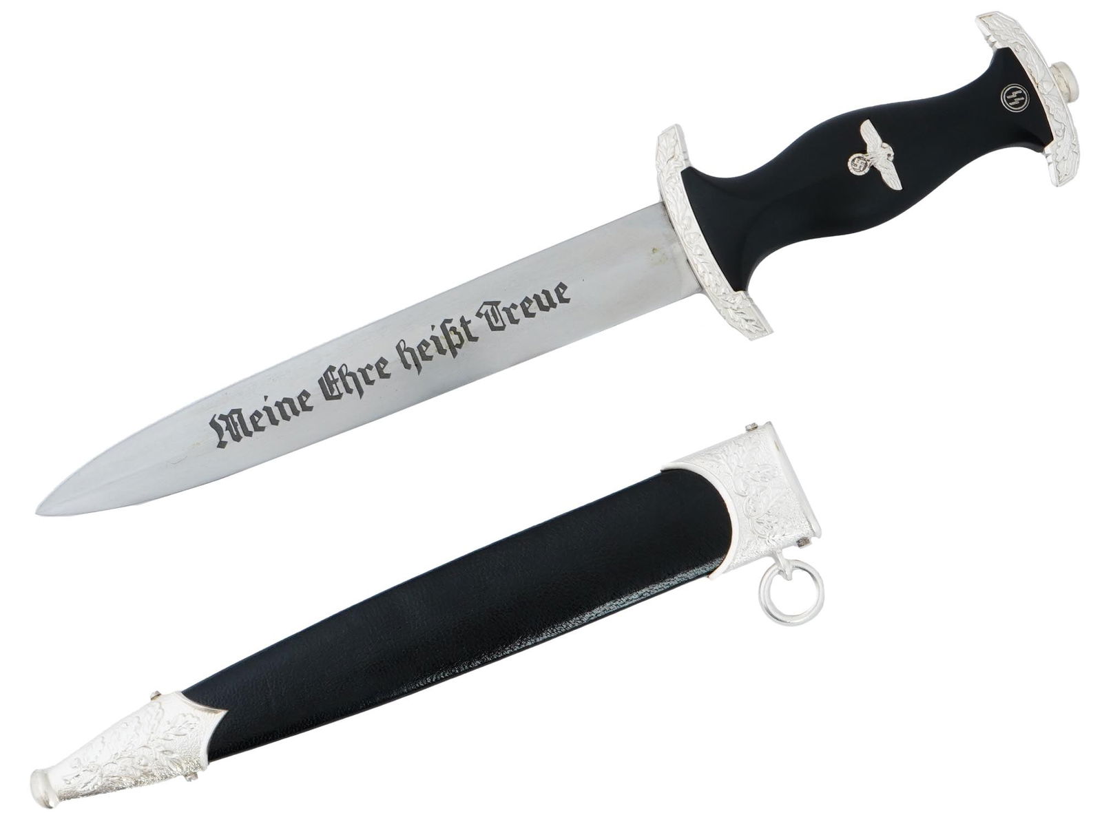 WWII GERMAN SS HONOR DAGGER BY EICKHORN SOLINGEN: A World War II Nazi German SS Ehrendolch, or honor dagger. The stainless steel blade is garnished with etching, the motto Meine Ehre Heisst Treue, Loyalty is My Honour, on the recto side, inscription