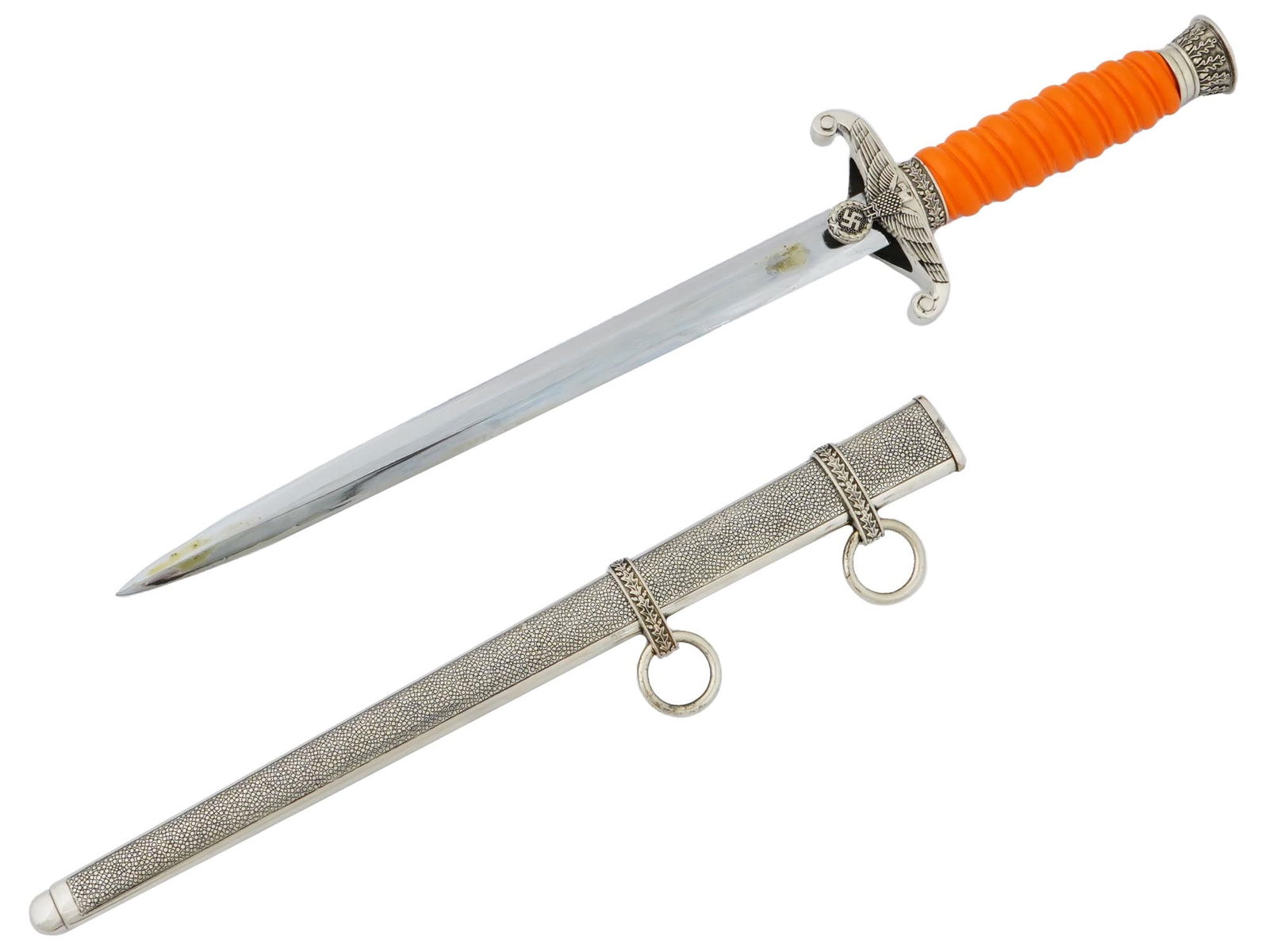 WWII GERMAN HEER ARMY DAGGER BY EICKHORN SOLINGEN: A WWII Nazi German army officers dagger features a forged steel nickel-silver plated construction, and a stiletto-style blade with a flat central ridge. The obverse crossguard shows the embossed army-