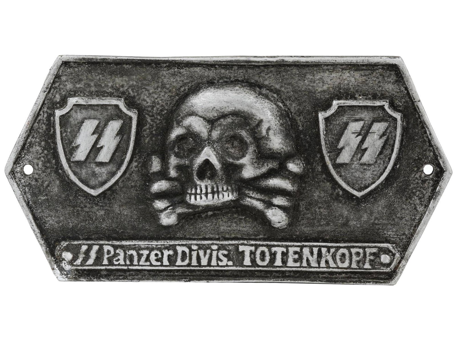WWII GERMAN NAZI PANZER DIVISION TOTENKOPF SIGN: A German Nazi Waffen SS Panzer Division Totenkopf sign. The sign is adorned with an engraved image of a skull swastika insignia to the center and SS symbols on the sides. Inscribed, SS Panzer Divis. T