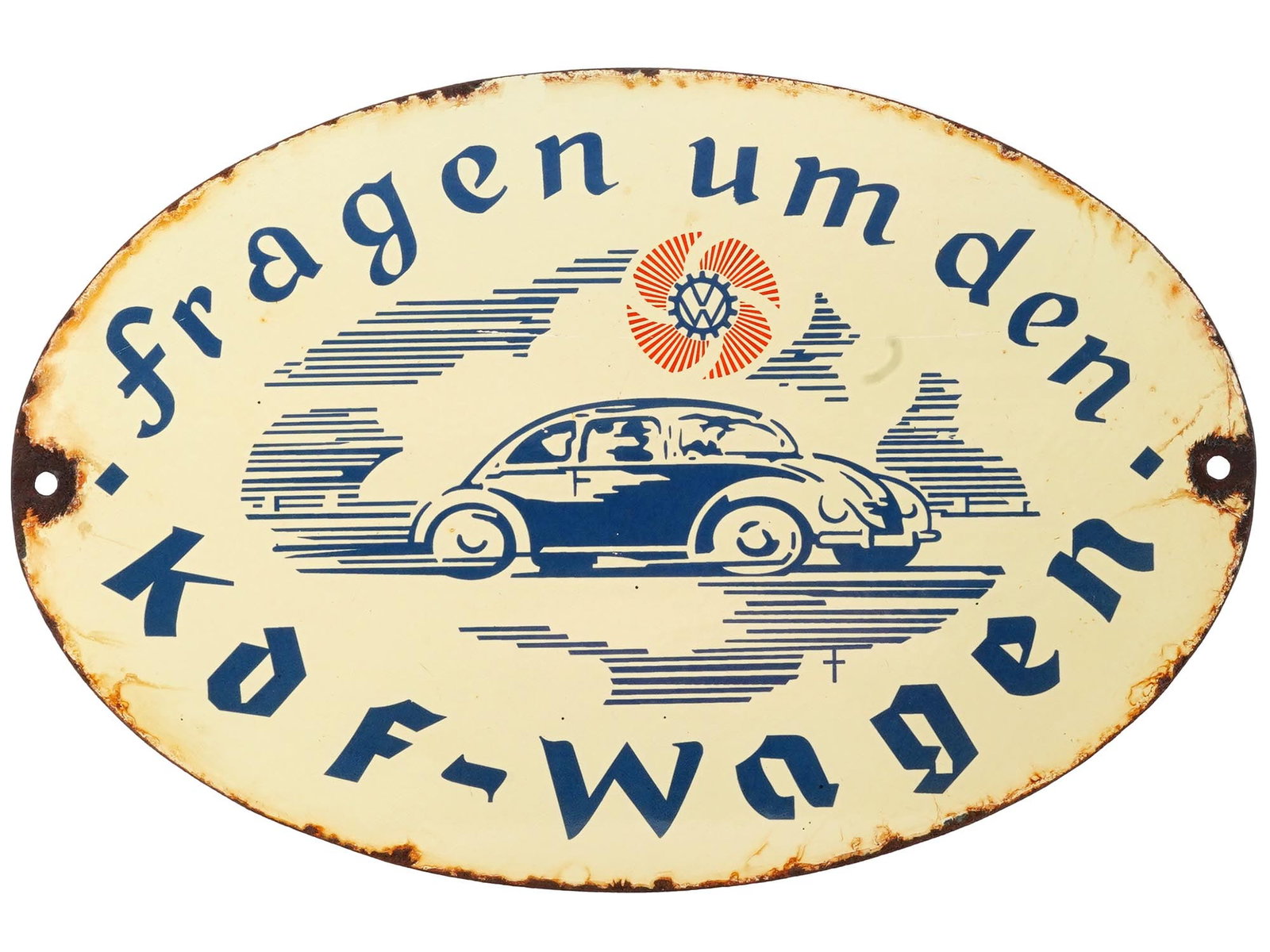 3RD REICH GERMAN METAL KDF WAGON ADVERTISING SIGN: A pre-WWII German VW KDF beetle car advertising sign, enameled metal plate of an oval form, inscribed: Fragen um den KDF - Wagen, depicting an automobile, and a Volkswagen logo in a gear in red and bl