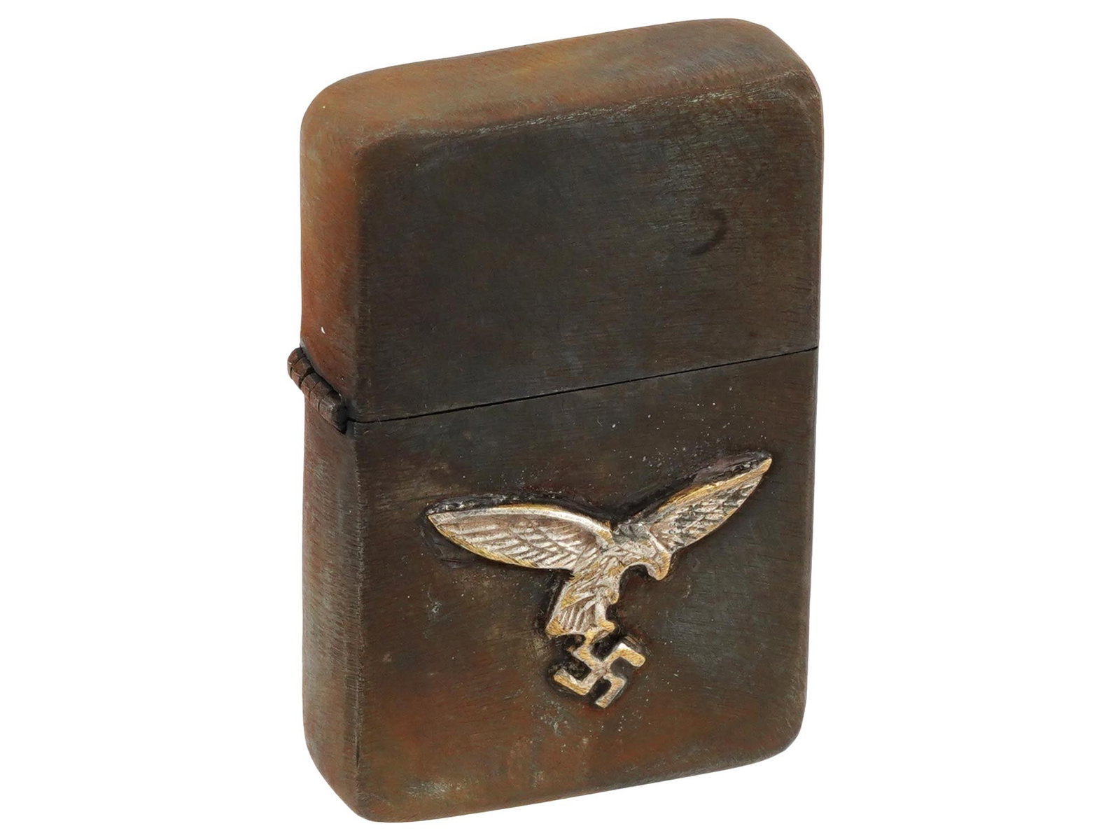 WWII GERMAN LUFTWAFFE PILOTS CIGARETTE LIGHTER: A World War II Nazi German copper alloy gas lighter with a Luftwaffe eagle emblem affixed to the front, marked on the bottom: Ges. Gesch, 1944. Second World War Historical Collectables And Memorabilia