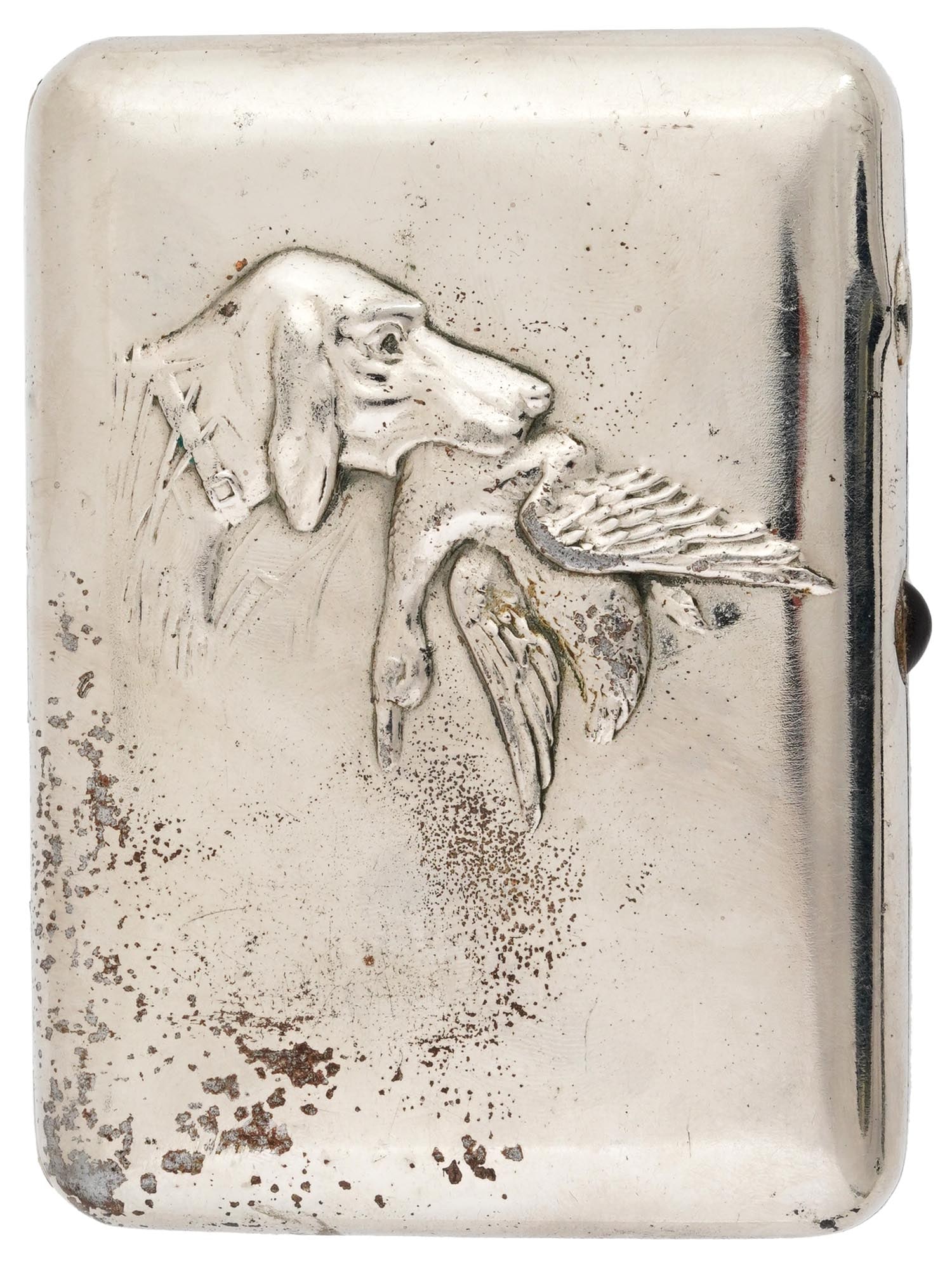 WWII SOVIET SILVER CIGARETTE CASE WITH DEDICATION: A mid-20th century sterling silver cigarette case with hinged lid. The front cover is decorated with an embossed hunting dog with prey. The backside bears a hand-engraved dedication in Russian: For ex