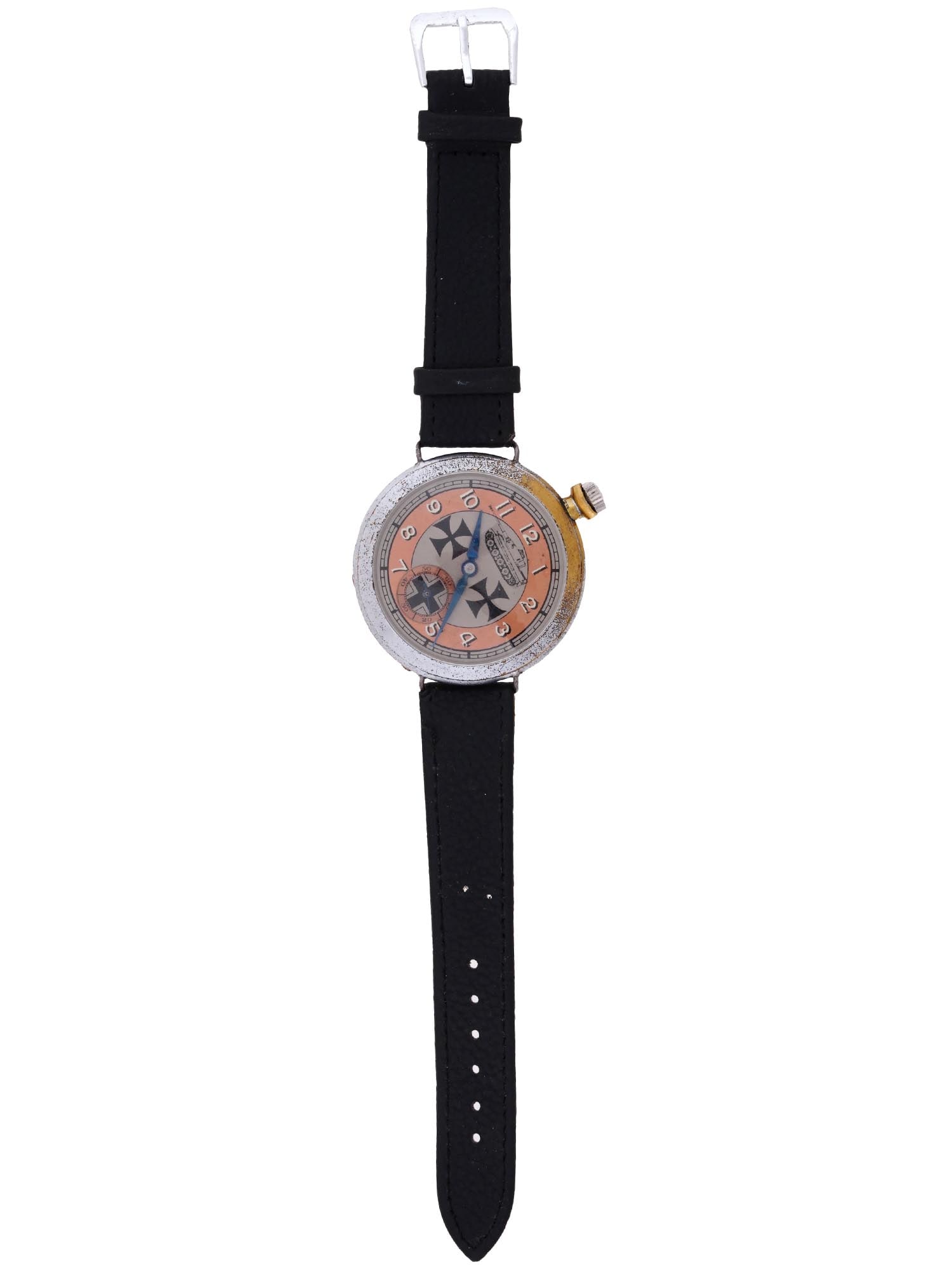 WWII NAZI GERMAN WWII WATCH MECHANICAL: A rare and hard to find German Nazi wrist watch. The dial with Arabic numerals is decorated with crosses and an image of a Tiger Panzer tank. Vintage black leather strap marked: Genuine leather. Origi