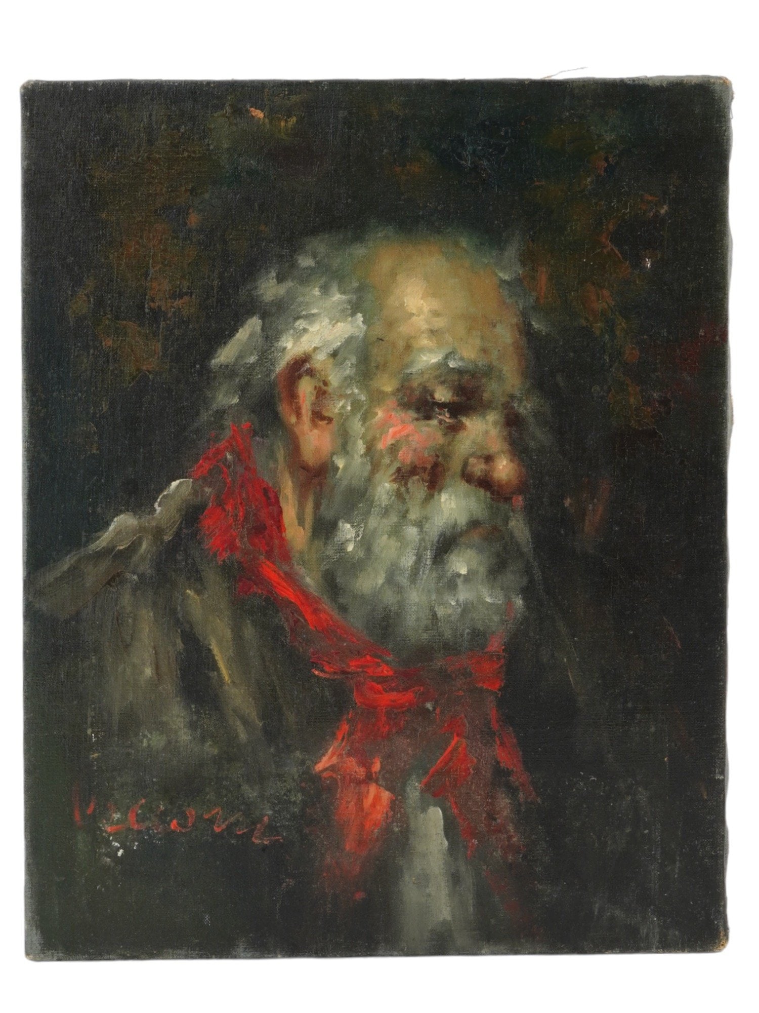 ALBERTO CECCONI ITALIAN OIL PAINTING OF AN OLD MAN: Alberto Cecconi, Italian, 1897 to 1971, an Impressionist oil painting on canvas depicting a stocky elderly man with a thick gray beard wearing a bright red scarf. The tone of the painting as a whole i