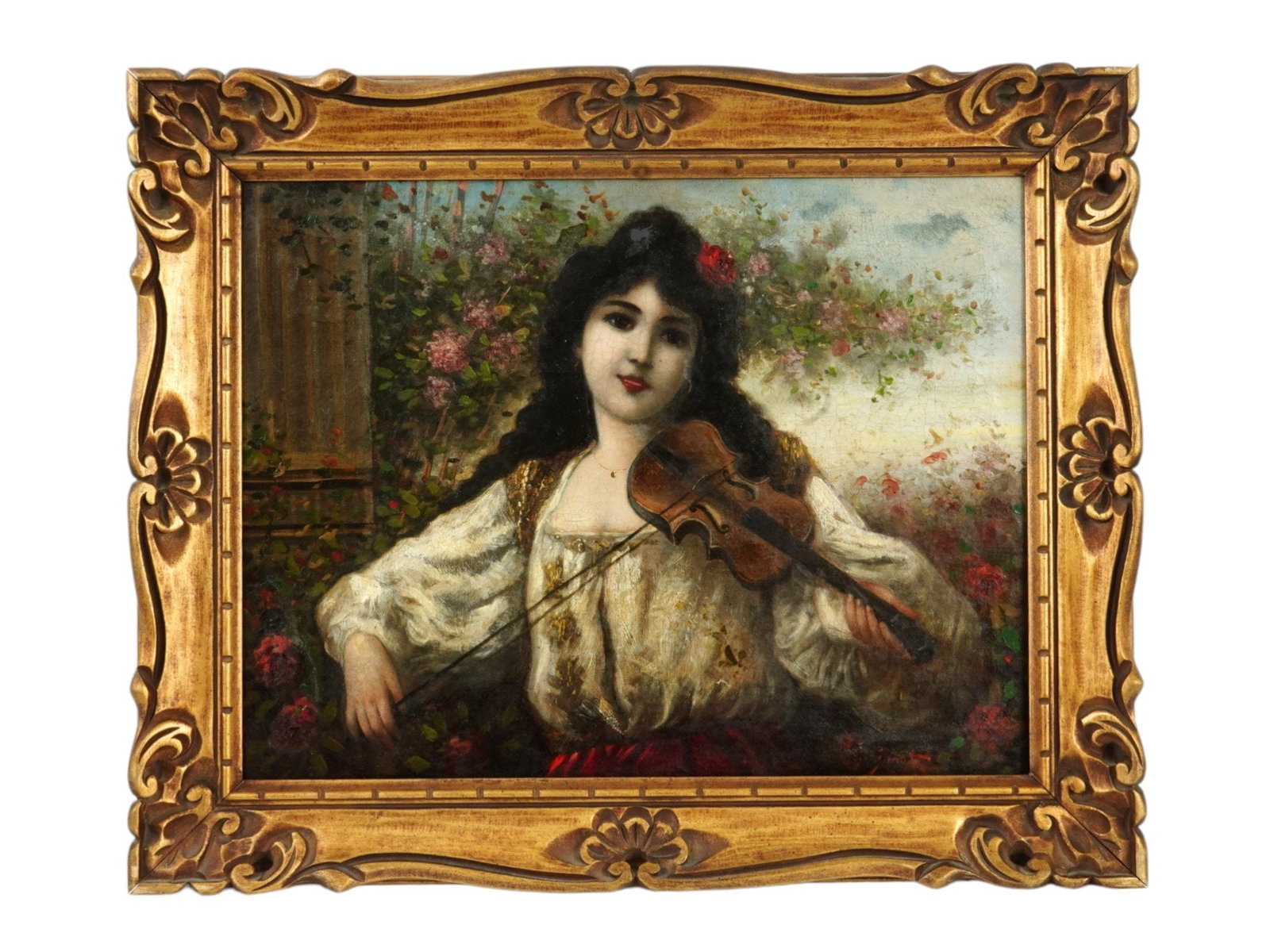 ANTIQUE FEMALE PORTRAIT OIL PAINTING BY GUNOT: Oil on canvas painting. European, late 19th century. The artwork depicts a young woman playing the violin in a flower garden. Signed by the artist in the lower right, Gunot. Golden frame. Collectible 