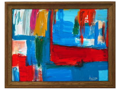 ABSTRACT MIXED MEDIA PAINTING AFTER NICOLAS DE STAEL: A Modern mixed media painting on canvas depicting an abstract composition after Nicolas De Stael, Russian, French, 1914 to 1955. Inscribed, Stael and dated 52, lower right. Framed. Nicolas de Stael