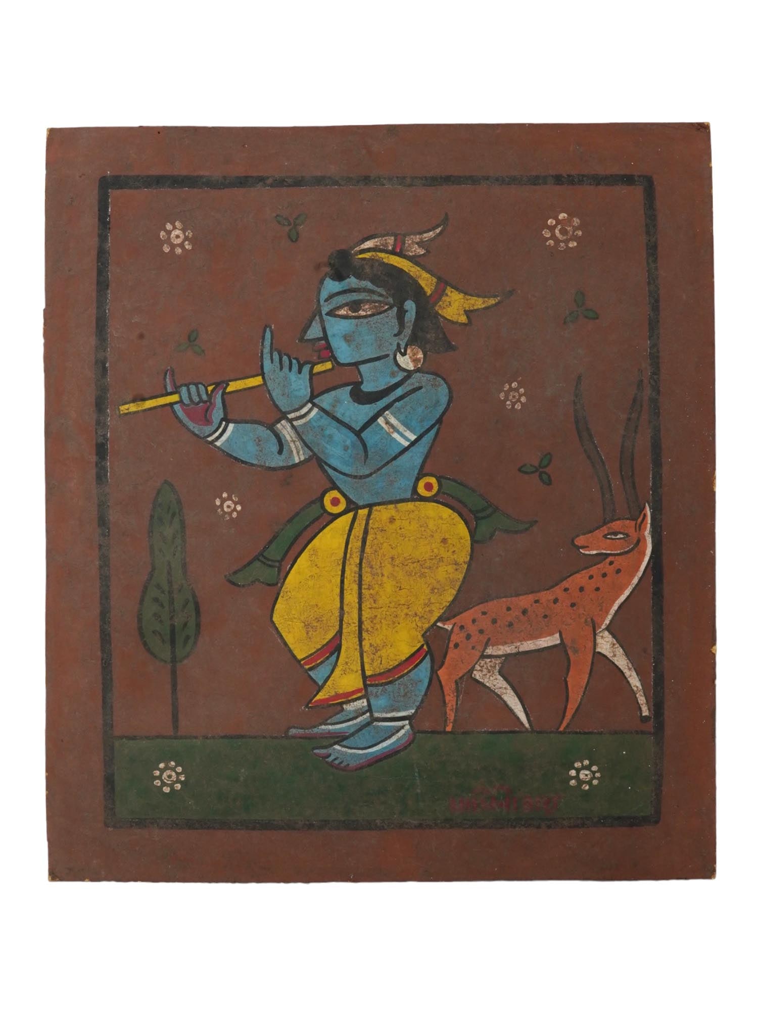 INDIAN TEMPERA PAINTING OF KRISHNA BY JAMINI ROY: A tempera painting on board by Jamini Roy. The bright, expressive painting depicting Krishna, the blue skinned god of Hinduism, playing the flute. Authors signature in Indian language lower right. Jam