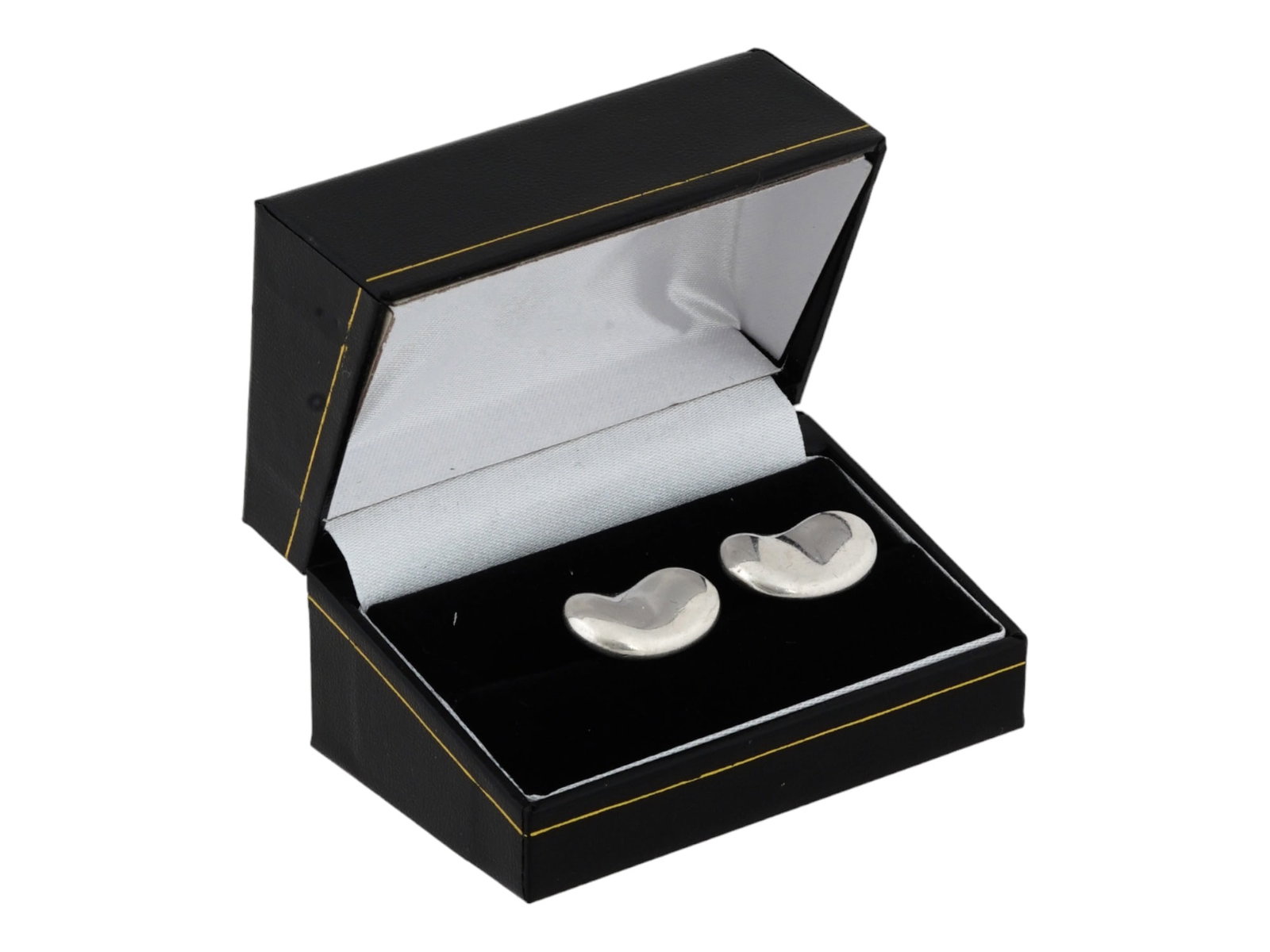 TIFFANY AND CO ELSA PERETTI STERLING SILVER CUFFLINKS: A pair of vintage sterling silver whale-back cufflinks by Tiffany and Co. in collaboration with Elsa Peretti, 1940 to 2021, an Italian jewelry designer. Signature bean shape. Marked Tiffany and Co., E