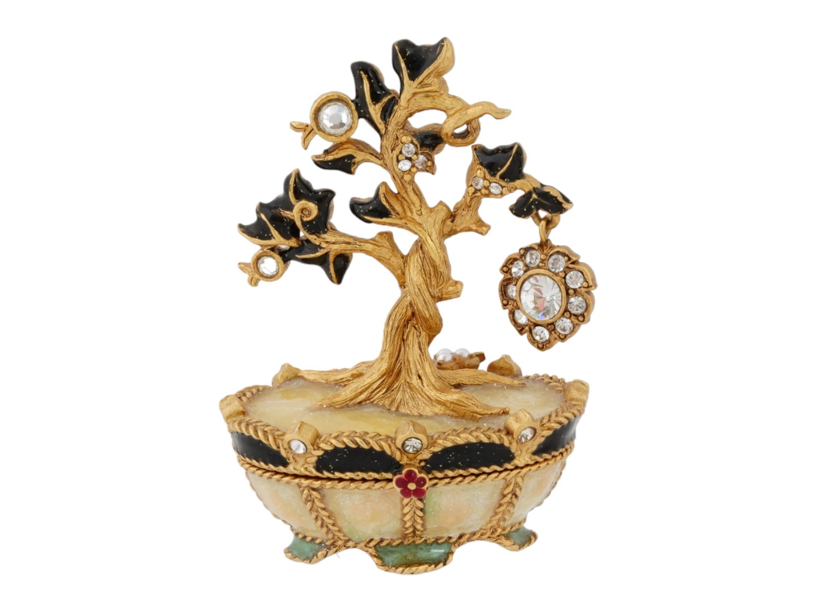 JAY STRONGWATER JEWELED AND ENAMELED TRINKET BOX: A Luciana Birthstone box by Jay Strongwater. The oval trinket box is modeled featuring a hinged lid with the Tree of Life on top. 14K gold plated, hand-enameled on metal and adorned with Swarovski cry
