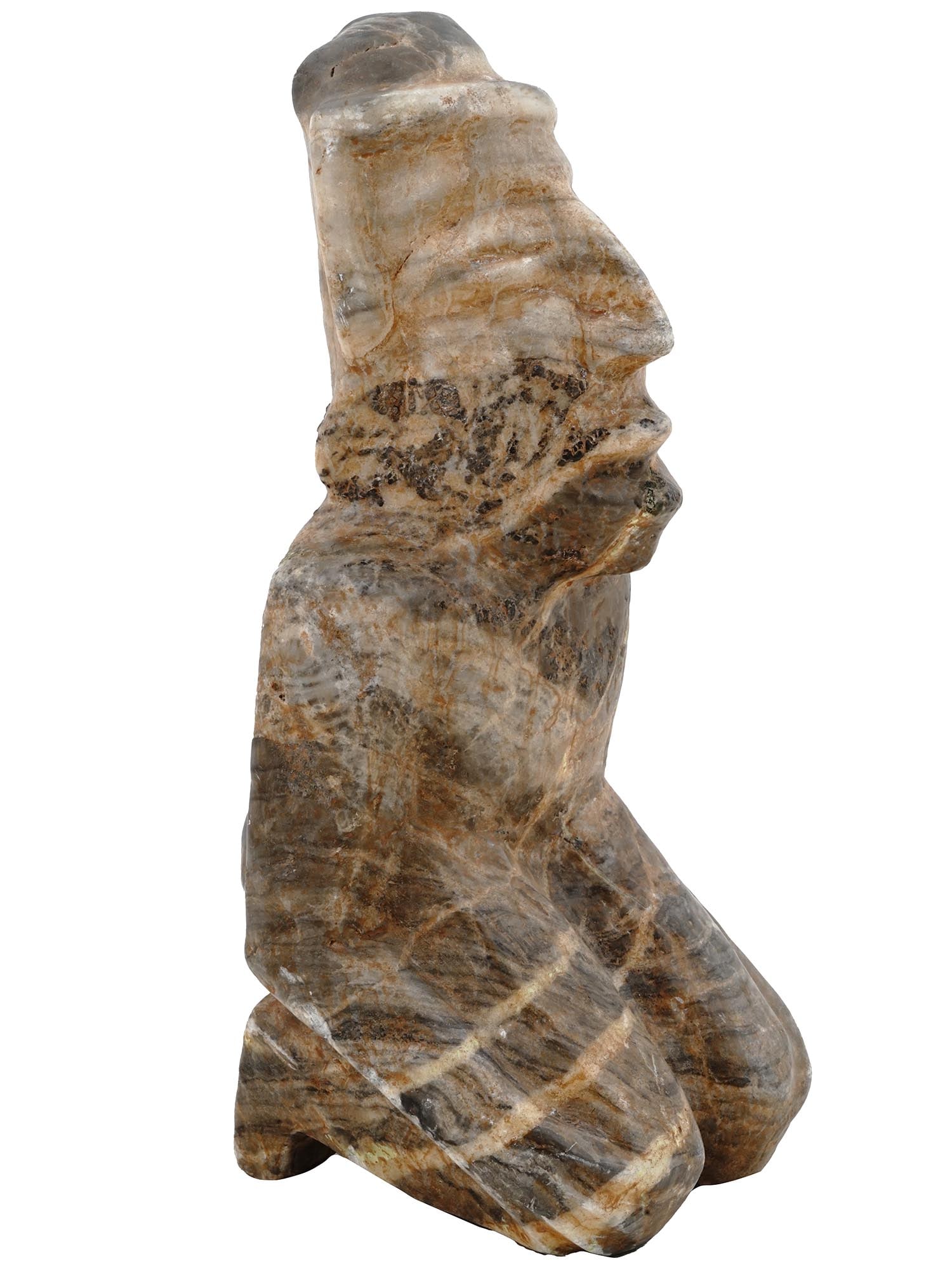 ANTIQUE MESOAMERICAN ONYX CARVED IDOL REPRO: An antique reproduction of a Mesoamerican veined onyx carved idol depicted as a figure sitting on its knees. Hand carved. Can be used as a bookend. Circa the 19th century. Antique Mesoamerican Idol Fi