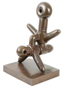 ABSTRACT BRONZE SCULPTURE BY SOREL ETROG CANADA: An abstract bronze sculpture by Sorel Etrog. Circa the second half of the 20th century. The small brown sculpture resembles a man flying on a plane made from bullets. The rectangular stand is engraved