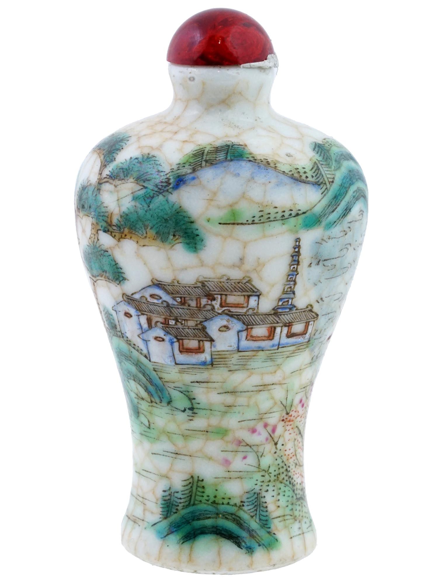ANTIQUE CHINESE PORCELAIN CARNELIAN TOP SNUFF BOTTLE: An antique Chinese porcelain snuff bottle featuring a captivating fusion of artistry and heritage. Adorned with hand-painted traditional motifs, this porcelain bottle bears the hallmark of meticulous 