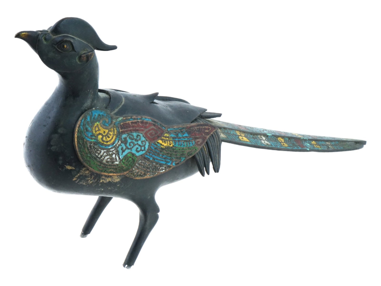 CHINESE CLOISONNE ENAMEL BRONZE FIGURE OF PHEASANT: A vintage Chinese enamel over bronze figure. The figure depicts a Pheasant bird. The figure is enameled with polychrome foliate scroll, feather, and traditional Greek motifs made in the Cloisonne tech