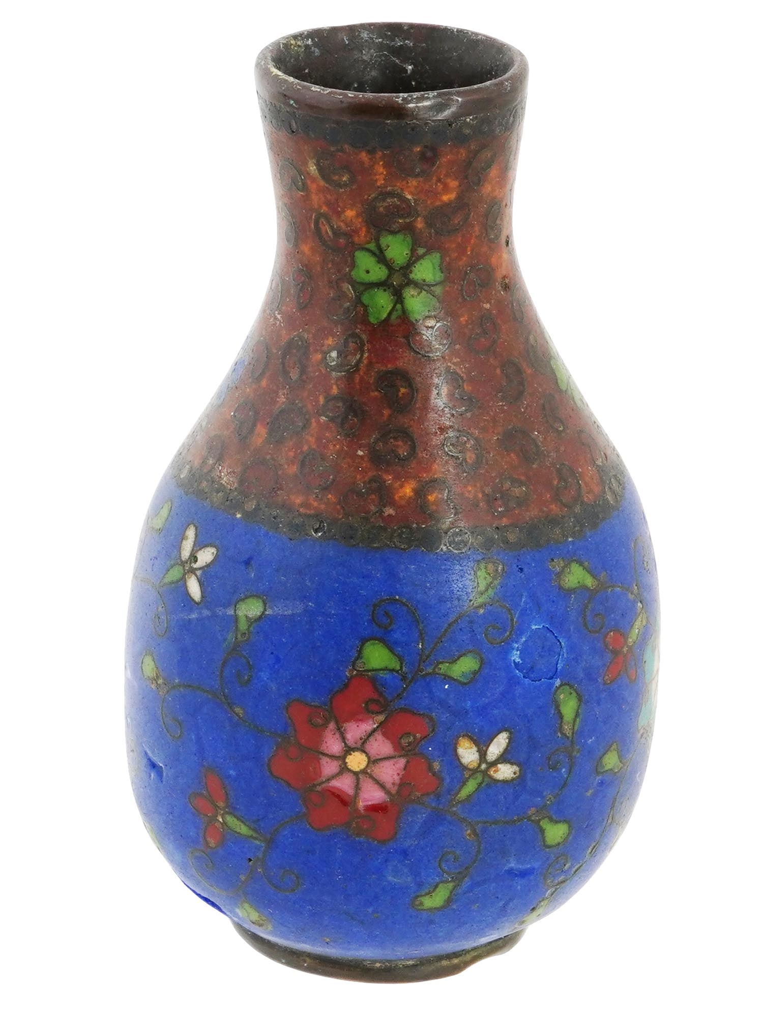 ANTIQUE JAPANESE MEIJI CLOISONNE VASE ATTR TO NAMIKAWA: An antique Japanese early Meiji period miniature cloisonne vase, attributed to the esteemed artist Namikawa Yasuyuki. Adorned with delicate and intricate flower motifs, this diminutive piece encapsula