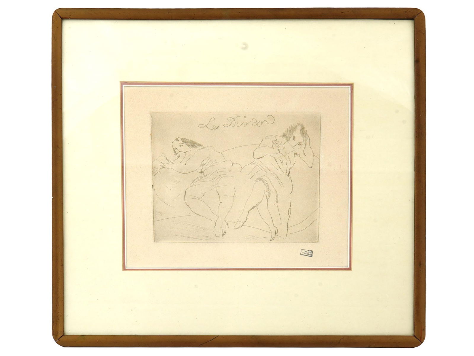 ANTIQUE BULGARIAN FRENCH ETCHING BY JULES PASCIN: Jules Pascin, Bulgarian, American, French, 1885 to 1930, an antique soft ground etching on paper, The Sofa, depicting a scene with two female figures reclining on a sofa. Circa: 1920s. Titled in the p
