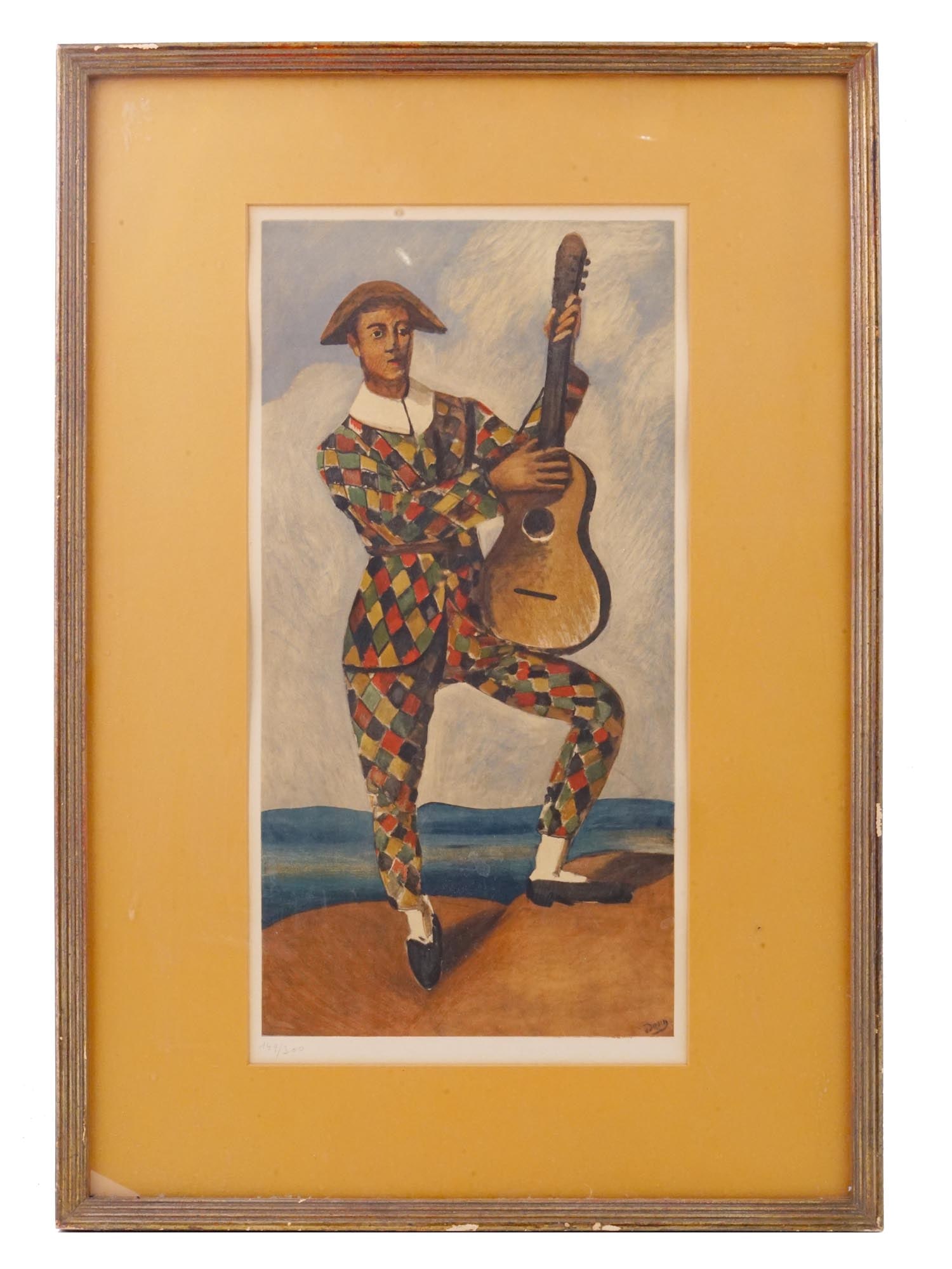 FRENCH HARLEQUIN GUITAR ETCHING BY ANDRE DERAIN: Andre Derain, French, 1880 to 1954, color etching on paper, Harlequin on Guitar, after the original oil painting. Signed in the print, lower right. Numbered 149 of 300 in pencil, lower left. framed. D