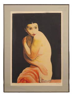 FRENCH KIKI DE MONTPARNASSE PRINT BY MOISE KISLING: Moise Kisling, French, Polish, 1891 to 1953, color aquatint on paper print depicting a portrait of Kiki de Montparnasse, or Nu Assis, a French cabaret performer, painter, and artists muse, circa 1925.