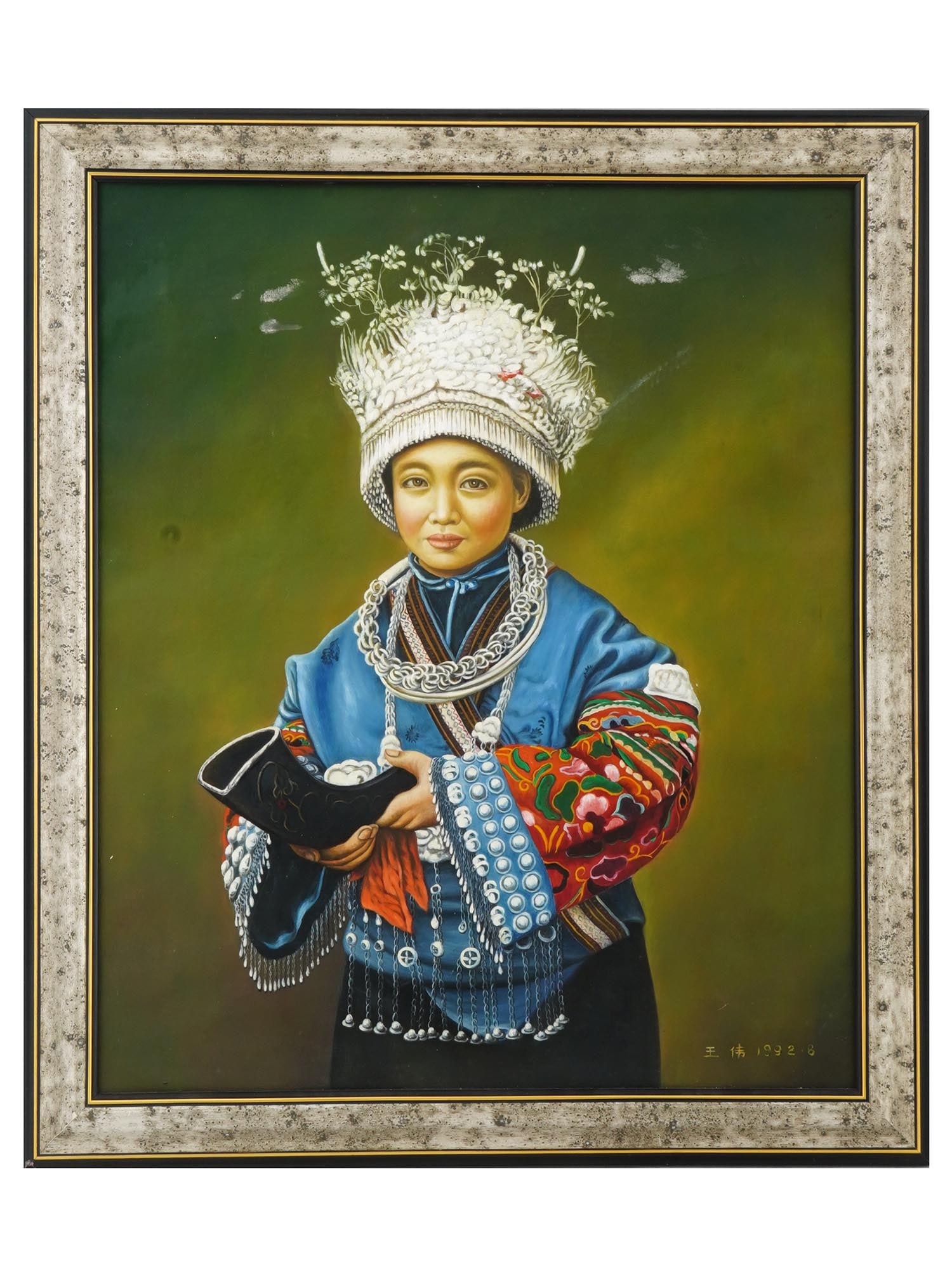 FINE SIGNED CHINESE MIAO GIRL OIL PAINTING 1992: A vintage Chinese ethnic oil on canvas painting depicting a young Miao girl in her native costume. Signed in Chinese ideograms, Wang Wei, and dated 1992 on the lower right. Framed. The Miao are a grou