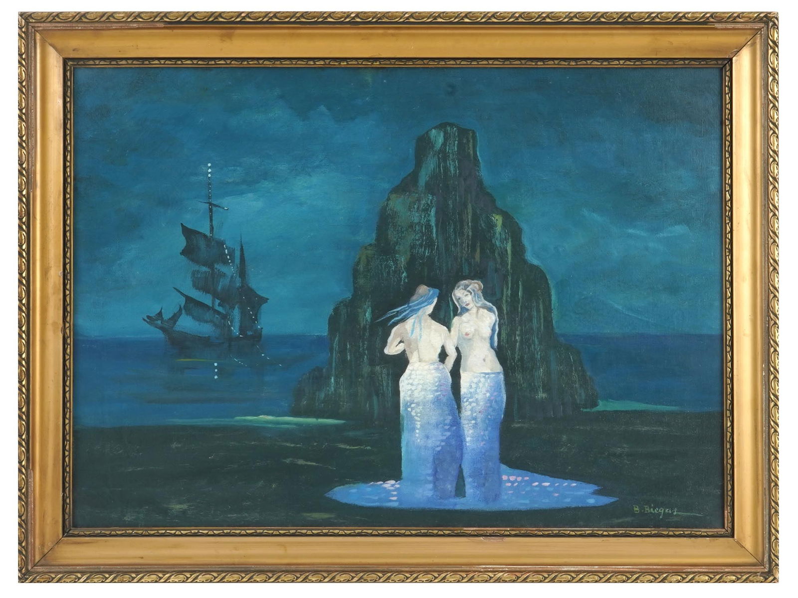 SYMBOLIST POLISH OIL PAINTING BY BOLESLAW BIEGAS: Boleslaw Biegas, Polish, 1877 to 1954, oil painting on canvas depicting a night seascape scene with two mermaids. Signed, lower right. Framed. Boleslaw Biegas was a Polish artist, known for Modernist