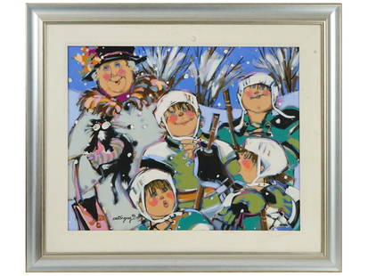 HOCKEY PLAYERS PAINTING BY CLAUDETTE CASTONGUAY: Acrylic on canvas painting by Claudette Castonguay, born 1949, a Canadian self-taught artist. The artwork depicts a group portrait, children hockey players and their grandmother with a cat in winter